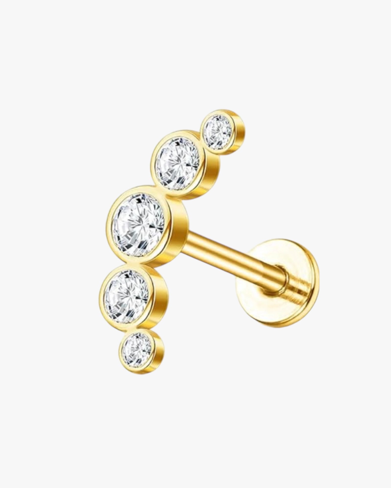 A single hoop earring with a gold-colored mounting and adorned with clear crystals.