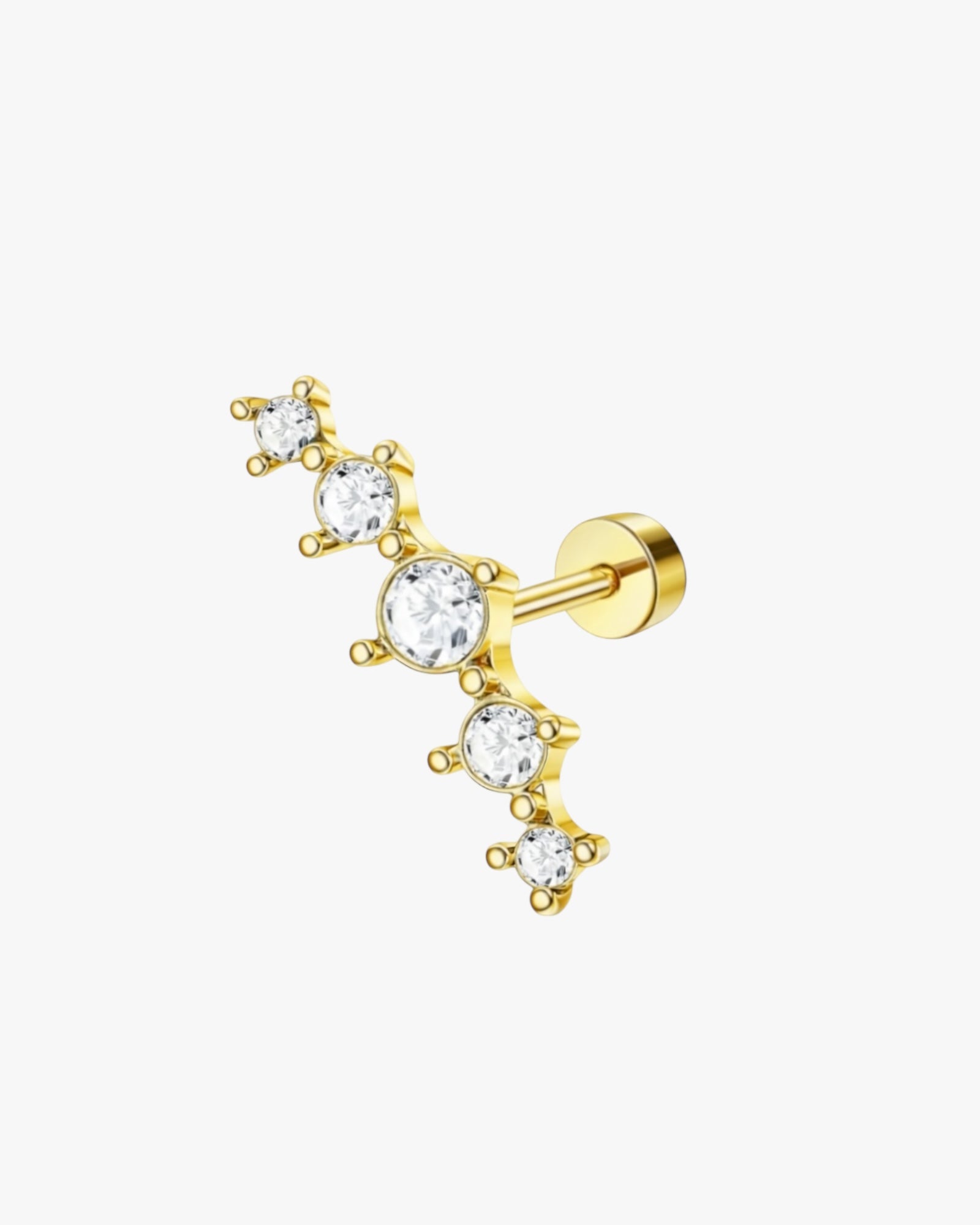 Gold earring with clear gemstones on a white background