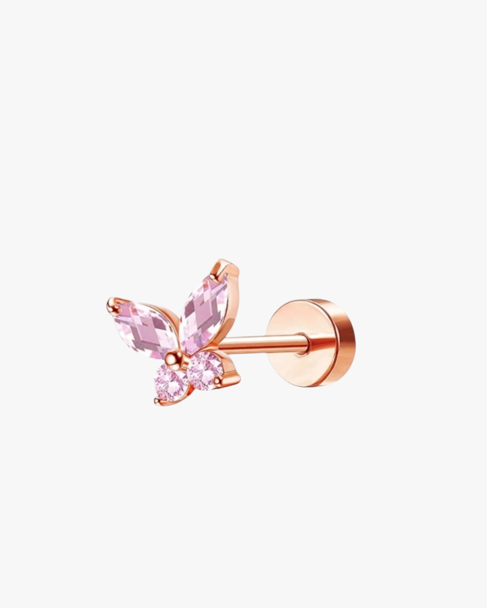 A rose gold stud earring with a butterfly design made from stainless steel, with a bar diameter of 0.8mm and a bar length of 6mm.