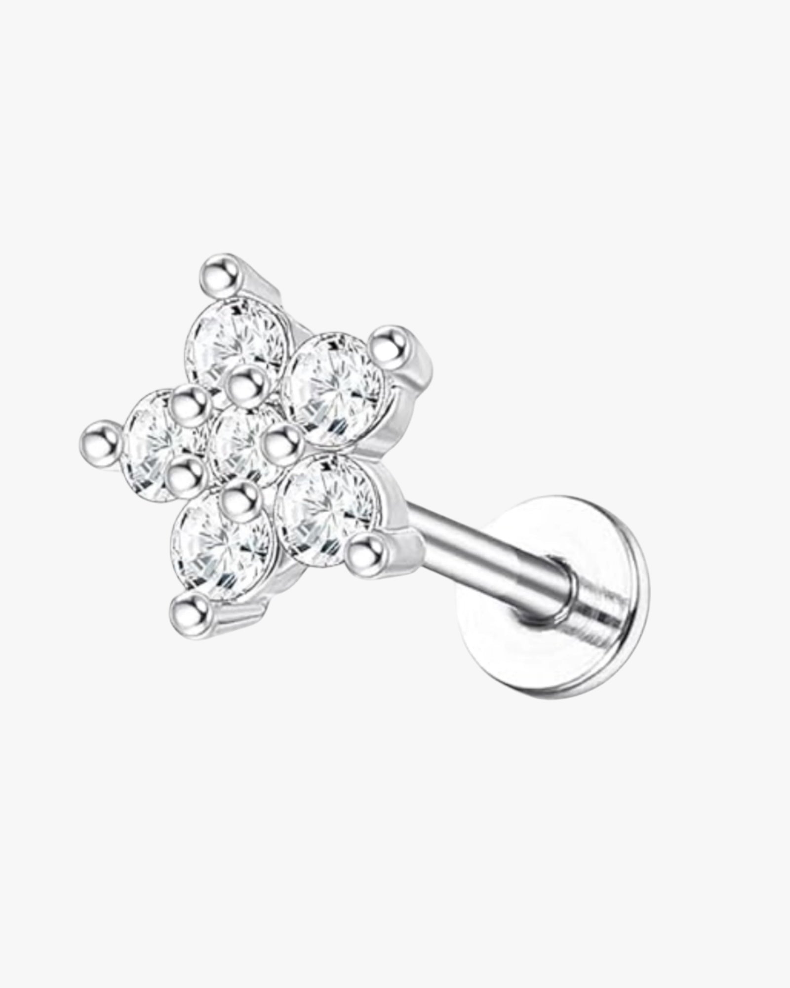 A gold-colored stainless steel stud earring with multiple gemstone accents.