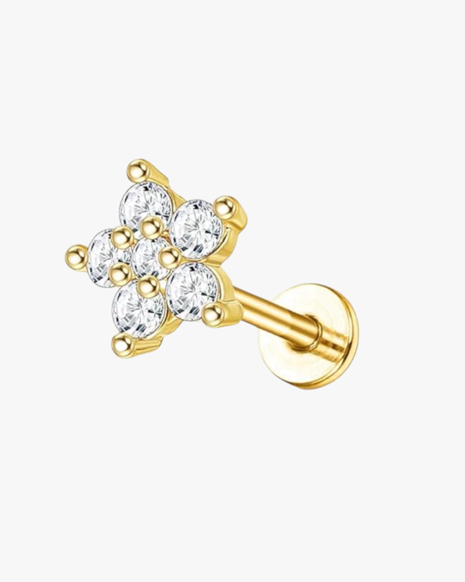 A gold-colored stainless steel stud earring with multiple gemstone accents.
