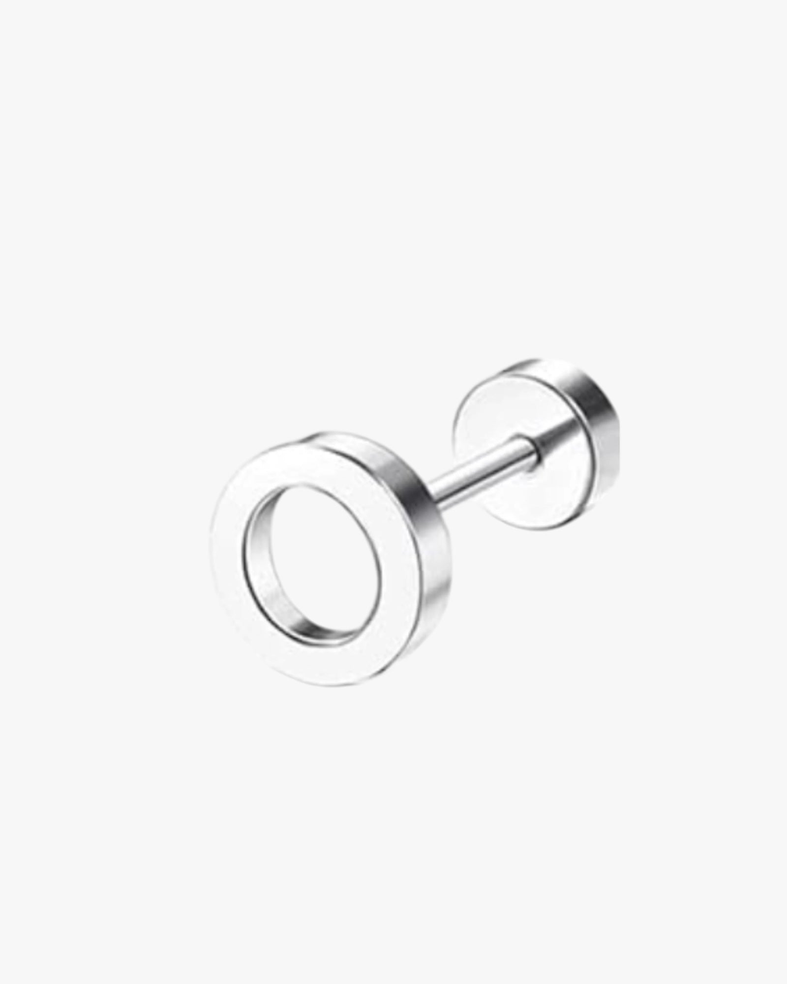 A single silver-colored stud earring with a circular hoop design and a small ball at the end.