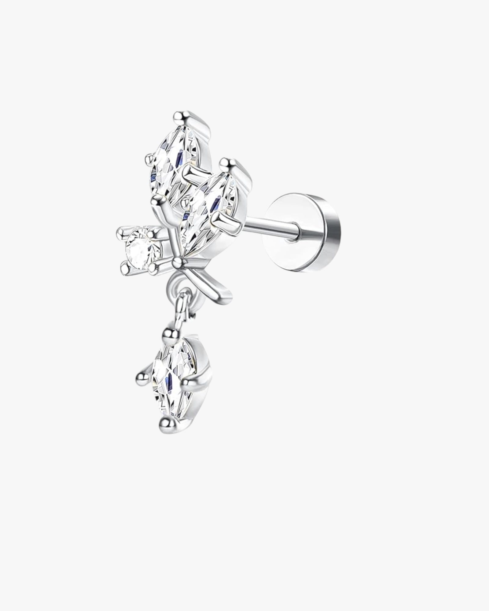 A single s-colored stud earring with multiple clear crystals set in a classic six-prong setting.lver