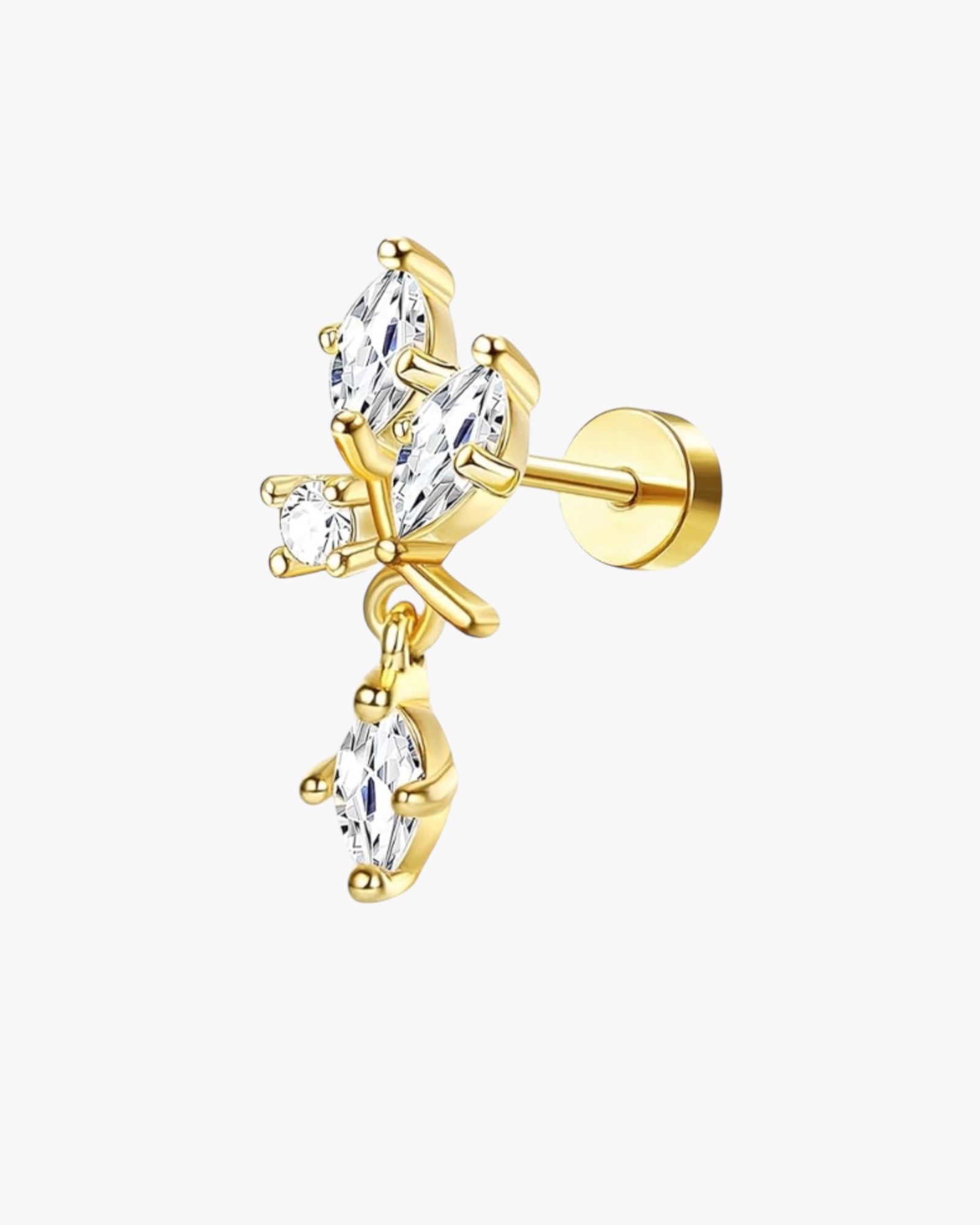 A single gold-colored stud earring with multiple clear crystals set in a classic six-prong setting.