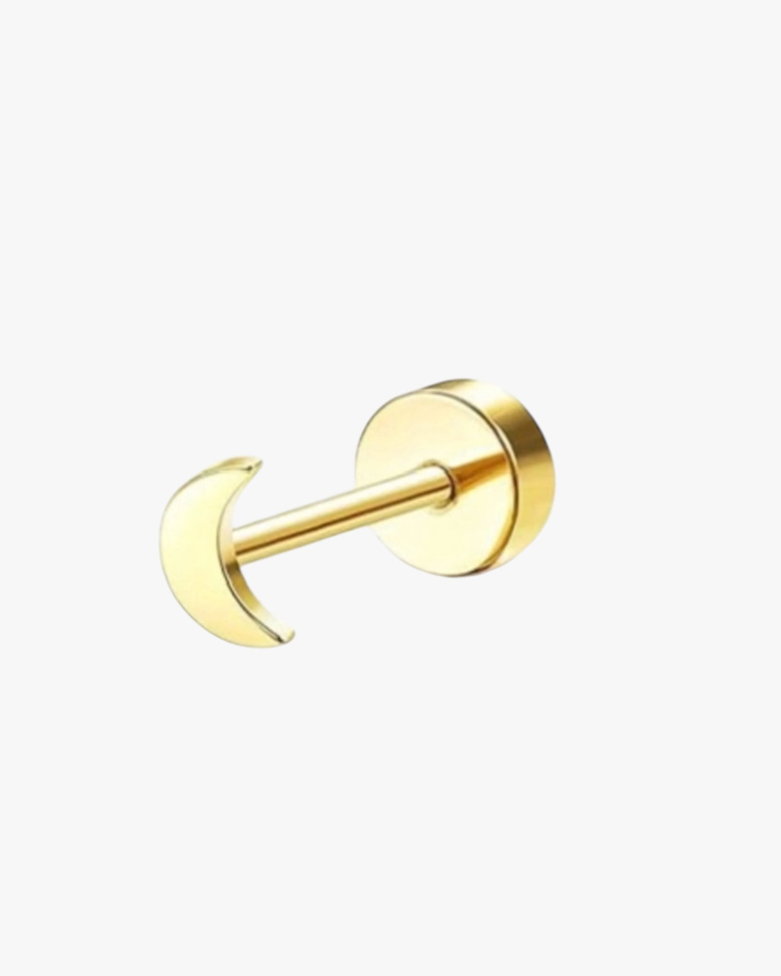 A single gold-colored stud earring with a geometric design, featuring a small ball on top and a crescent shape in the back.