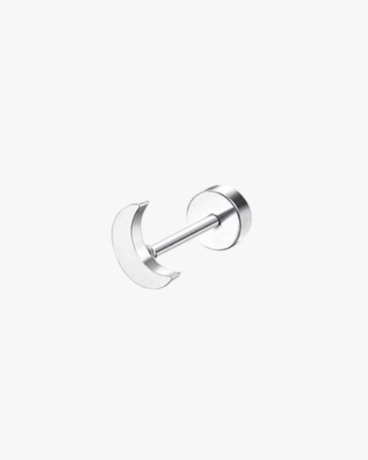 A single silver-colored stud earring with a barbell design.