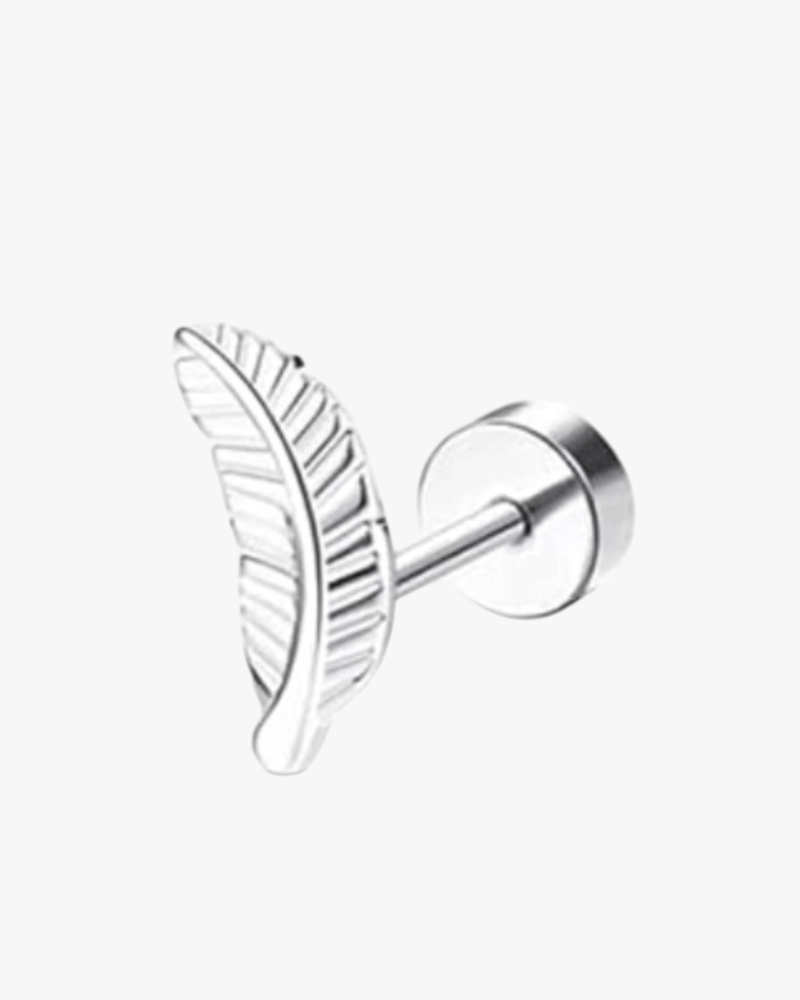 A single silver-colored feather stud earring against a white background.