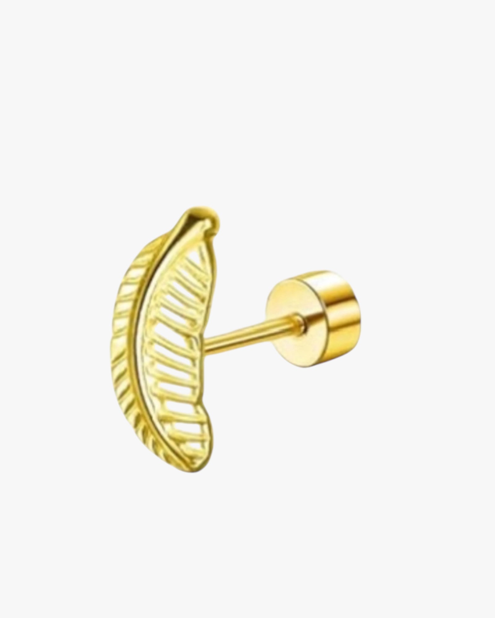 A single gold-colored feather stud earring against a white background.