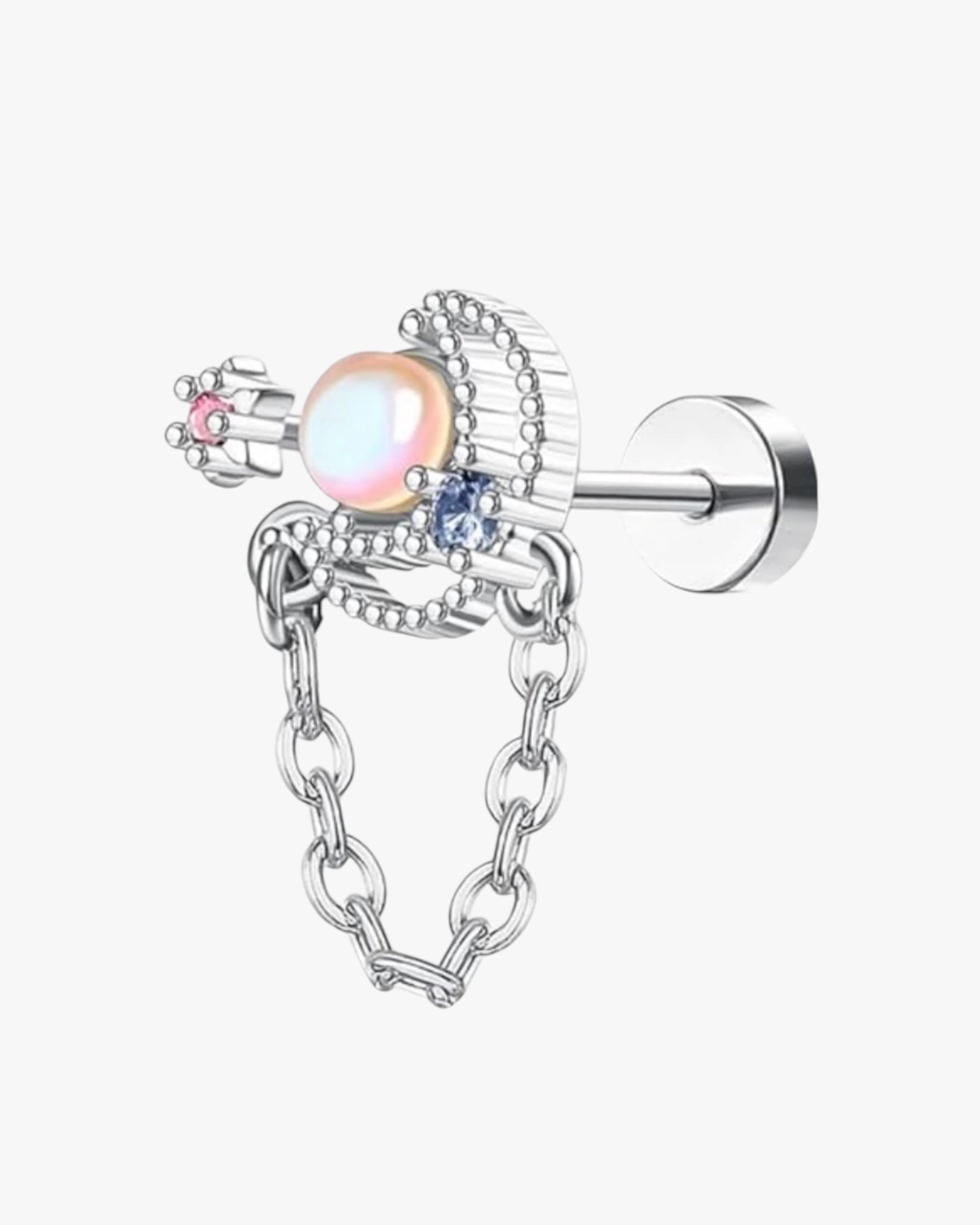 A single silver-colored stud earring with a pearl-like embellishment and smaller clear crystals on a chain-like structure.