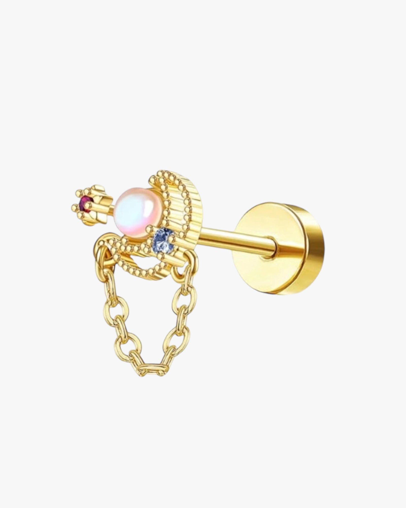 Gold stainless steel stud earring, hypoallergenic, minimalist design on white background