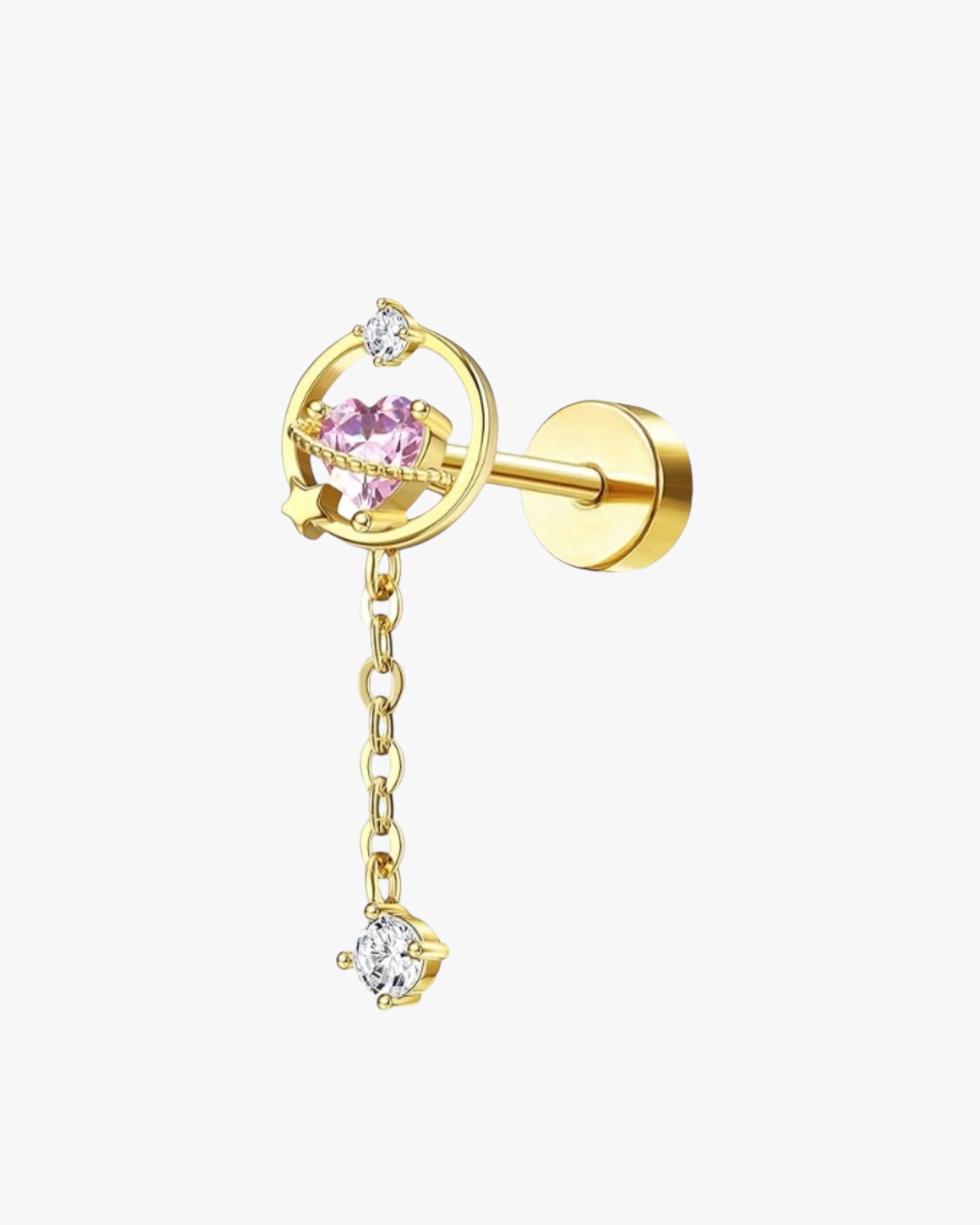 A single gold-colored stainless steel stud earring with a round frame and a small pink crystal in the center, attached to a chain.