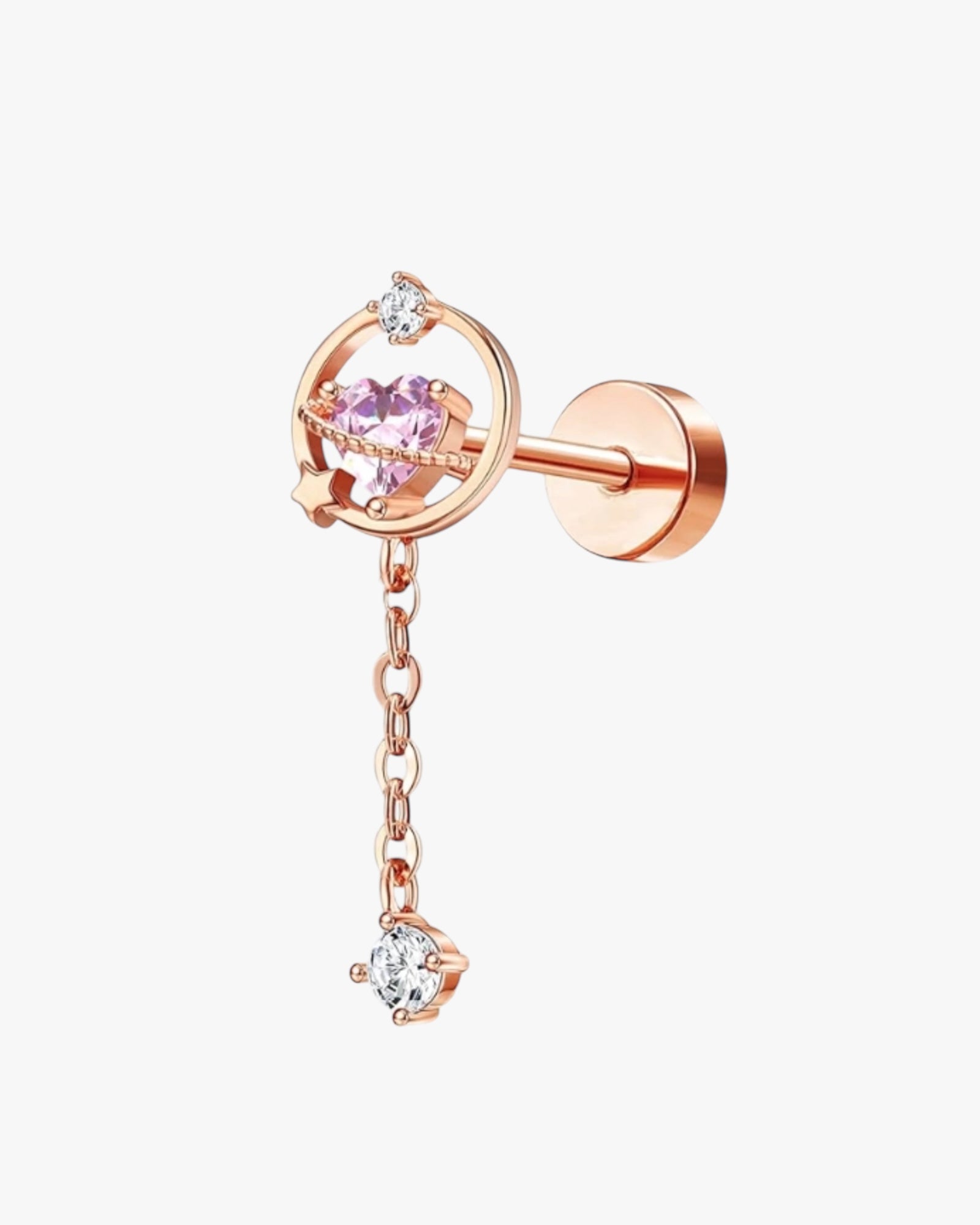 A rose gold-colored stud earring with a central purple stone surrounded by smaller clear stones, attached to a gold-colored chain.