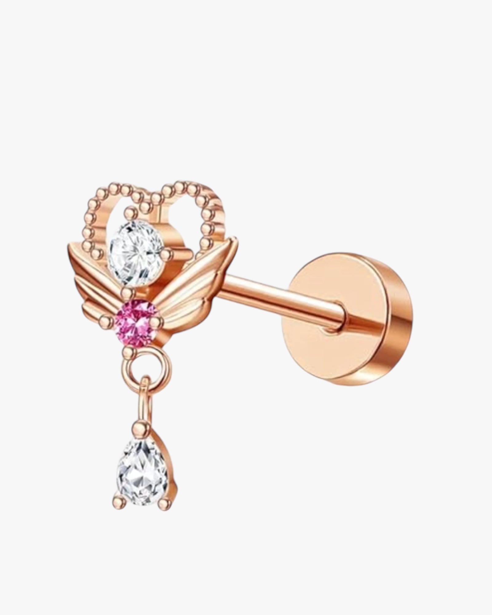 A stud earring with a rose gold-colored band and a central pink gemstone surrounded by smaller clear crystals, with a metallic rose-colored cap on top.