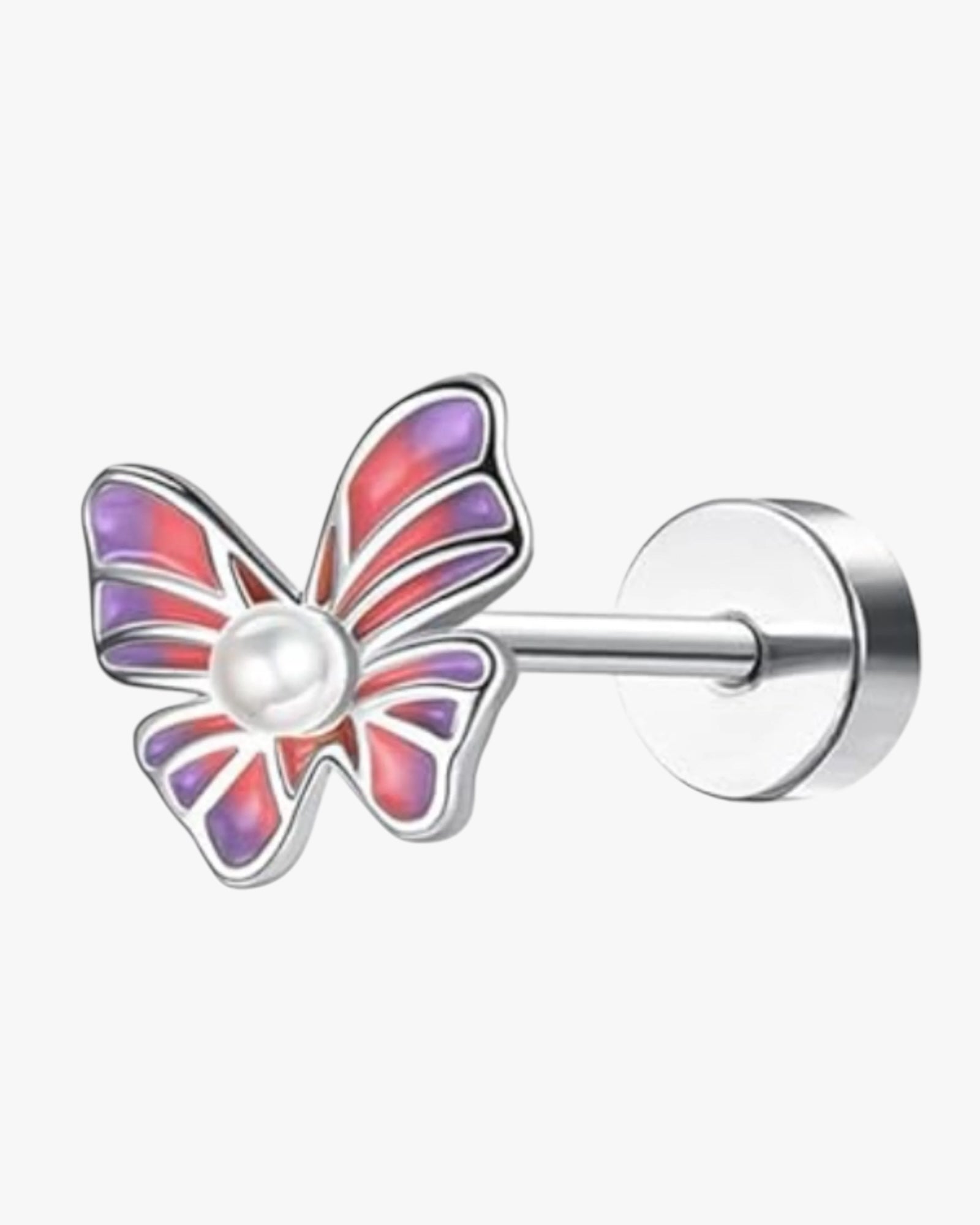 A colorful butterfly-shaped stud earring with a silver-colored metal base.