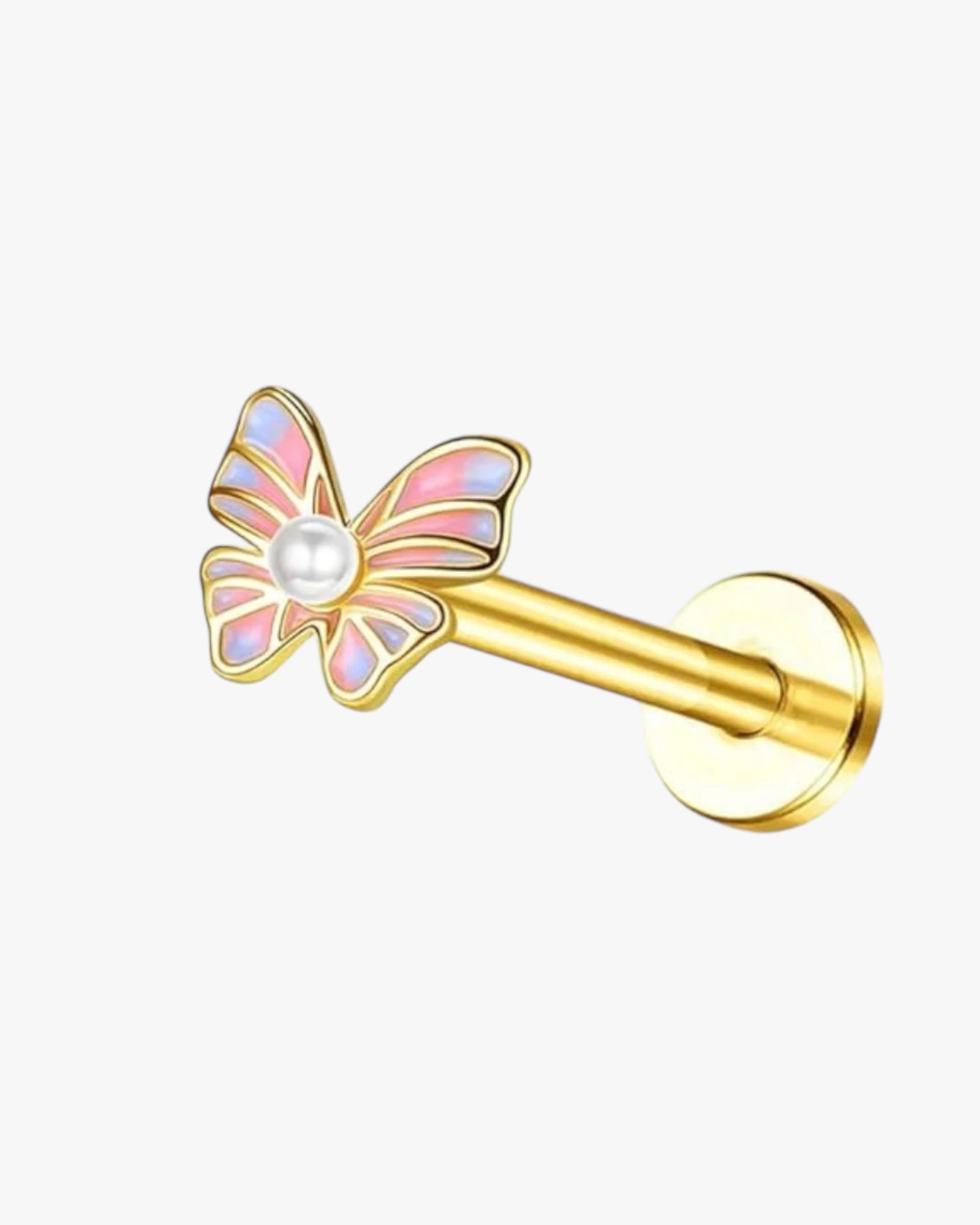 A colorful butterfly-shaped stud earring with a golden-colored metal base.