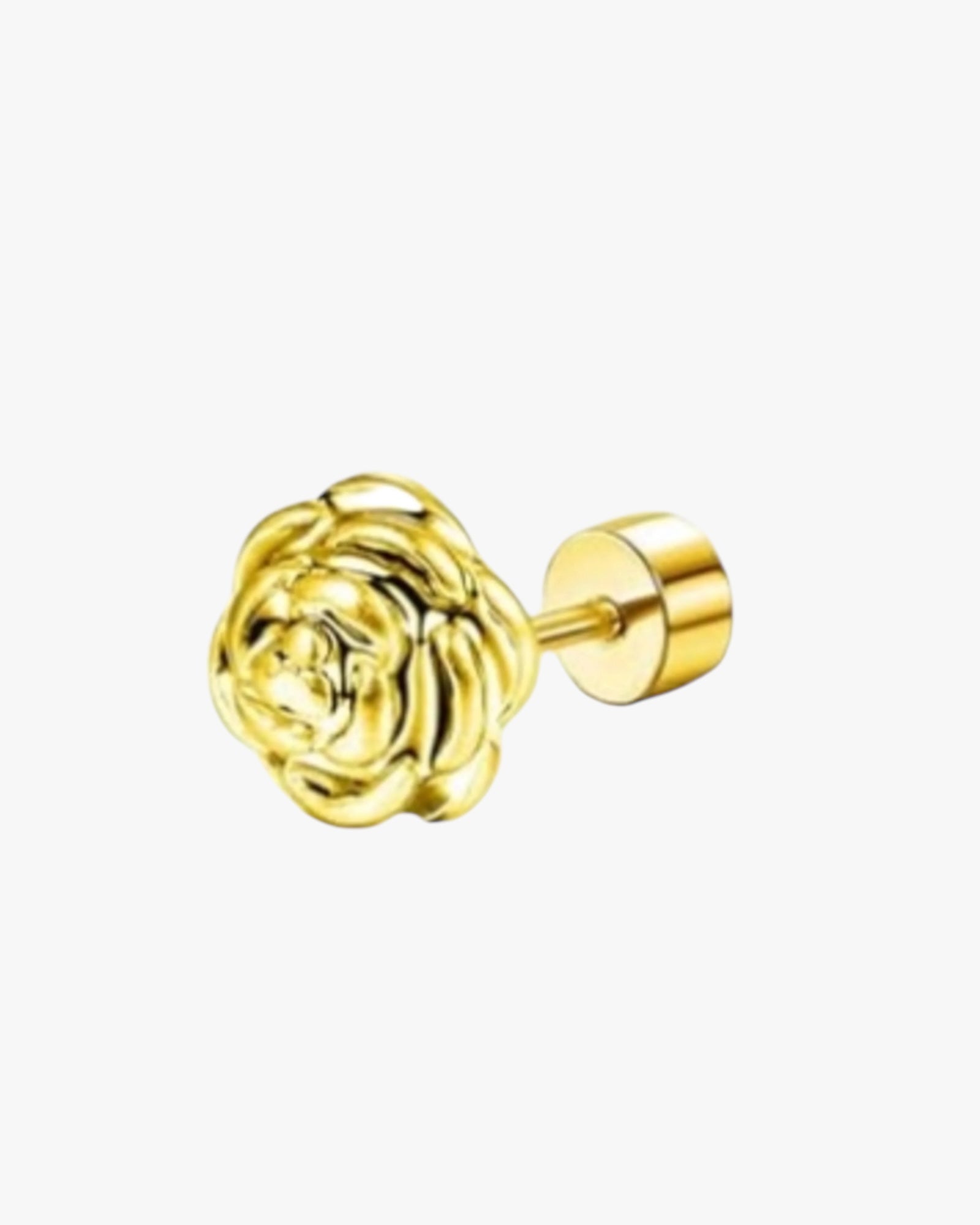 A single gold-colored stud earring with a floral pattern.