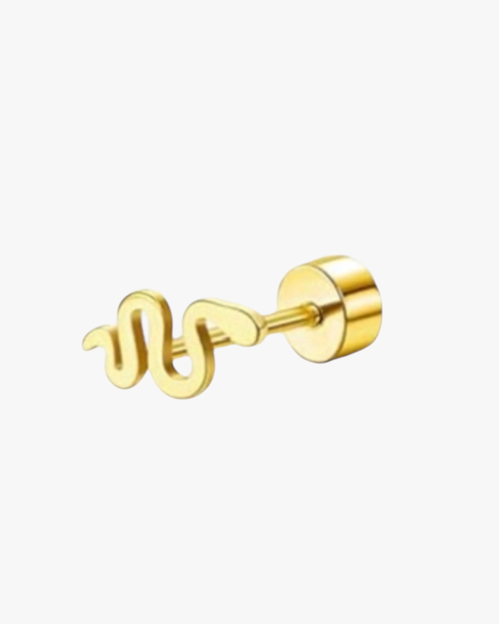 A gold-colored snake-shaped stud earring made of stainless steel.