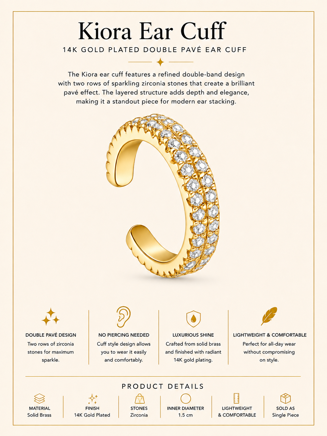14K Gold Plated Double Pavé Ear Cuff – Kiora