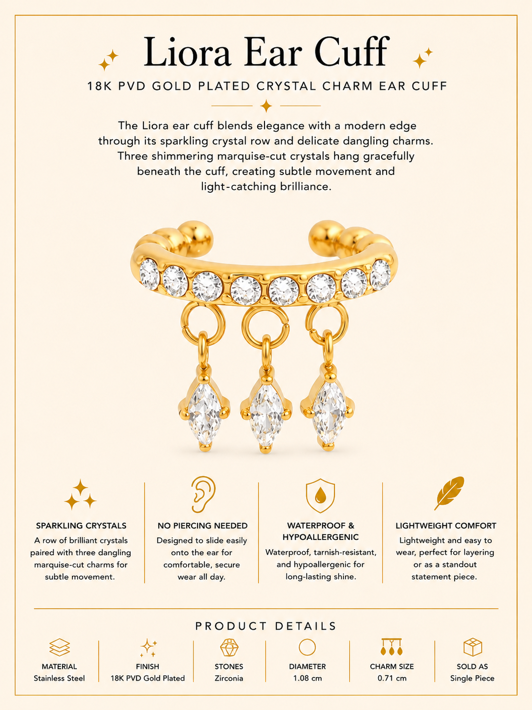 18K PVD Gold Plated Crystal Charm Ear Cuff – Liora