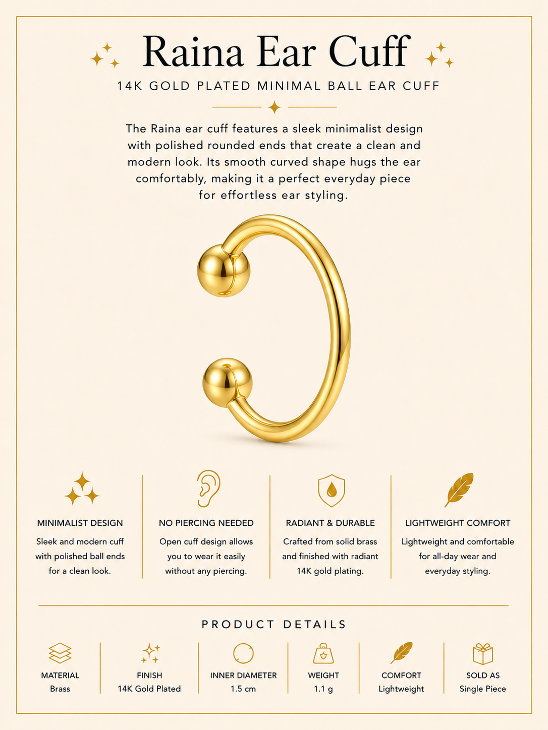 14K Gold Plated Minimal Ball Ear Cuff – Raina