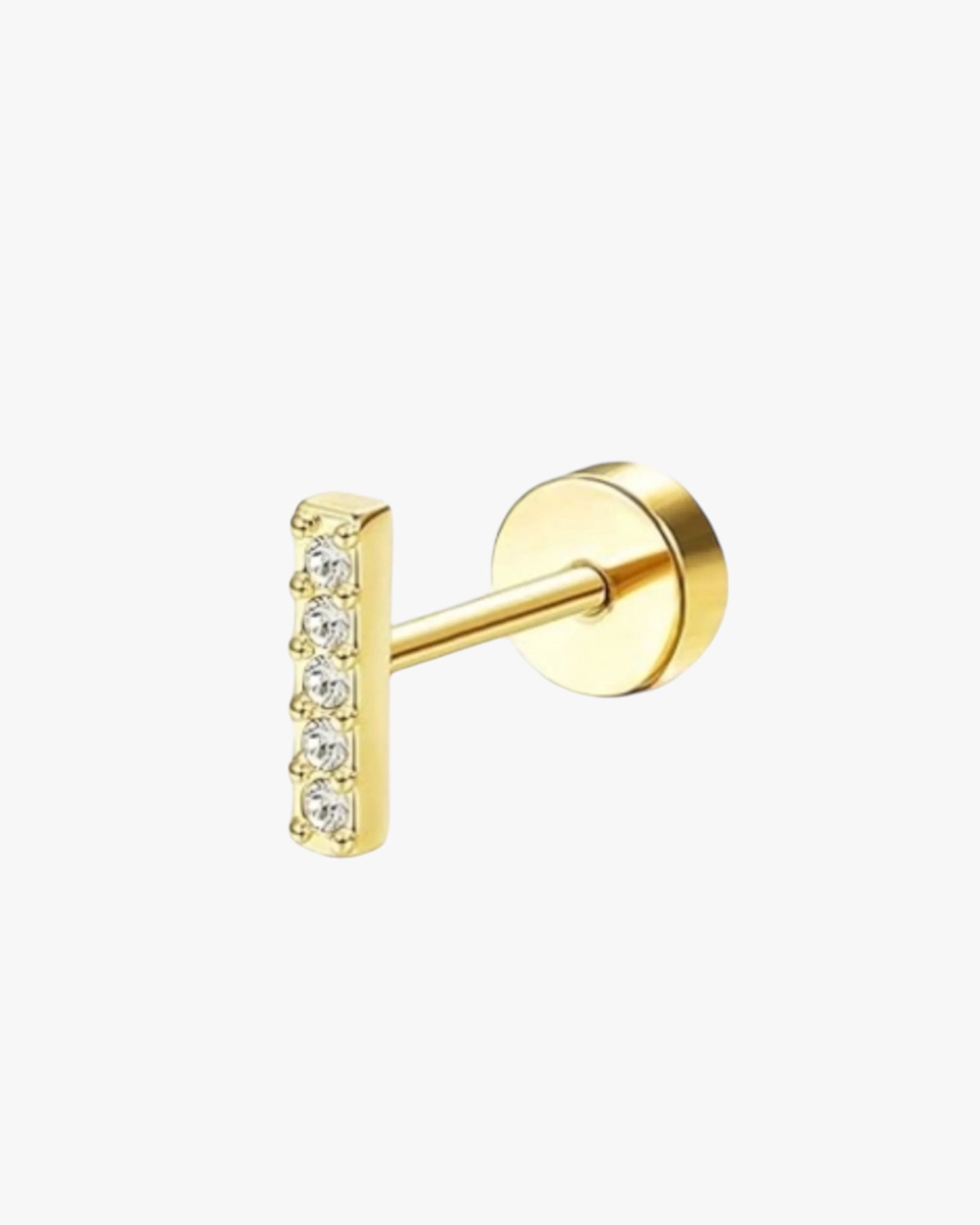 A single gold-colored stainless steel stud earring with a clear, encrusted ball at the end.