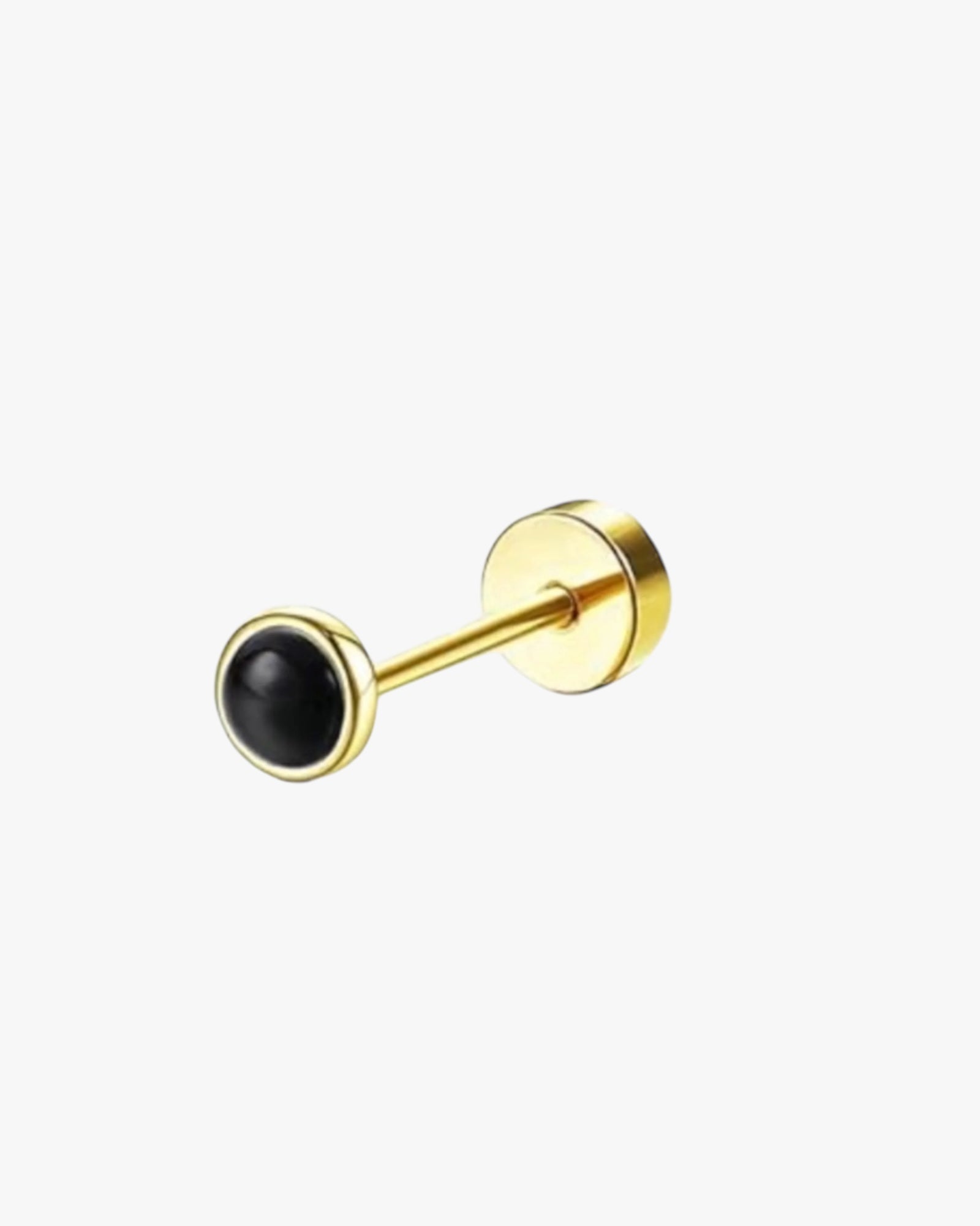 A single gold-colored stainless steel stud earring with a black circular detail on the end.