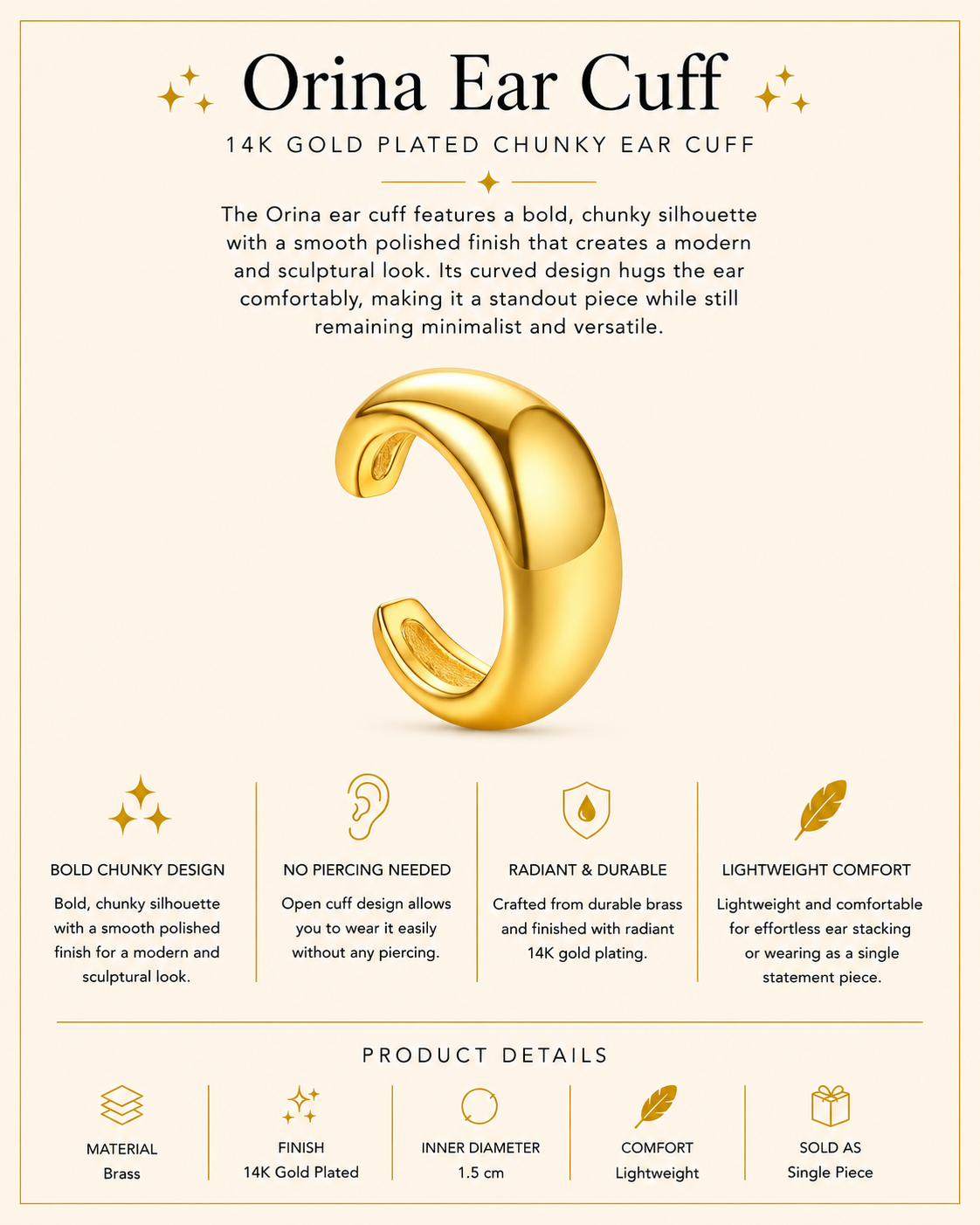 14K Gold Plated Chunky Ear Cuff – Orina