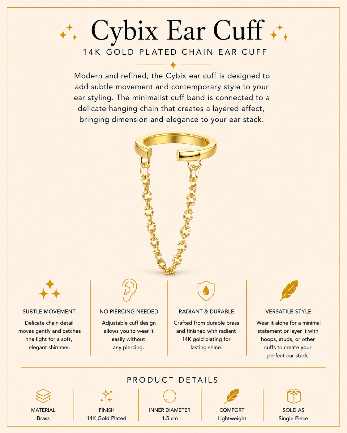14K Gold Plated Chain Ear Cuff – Cybix
