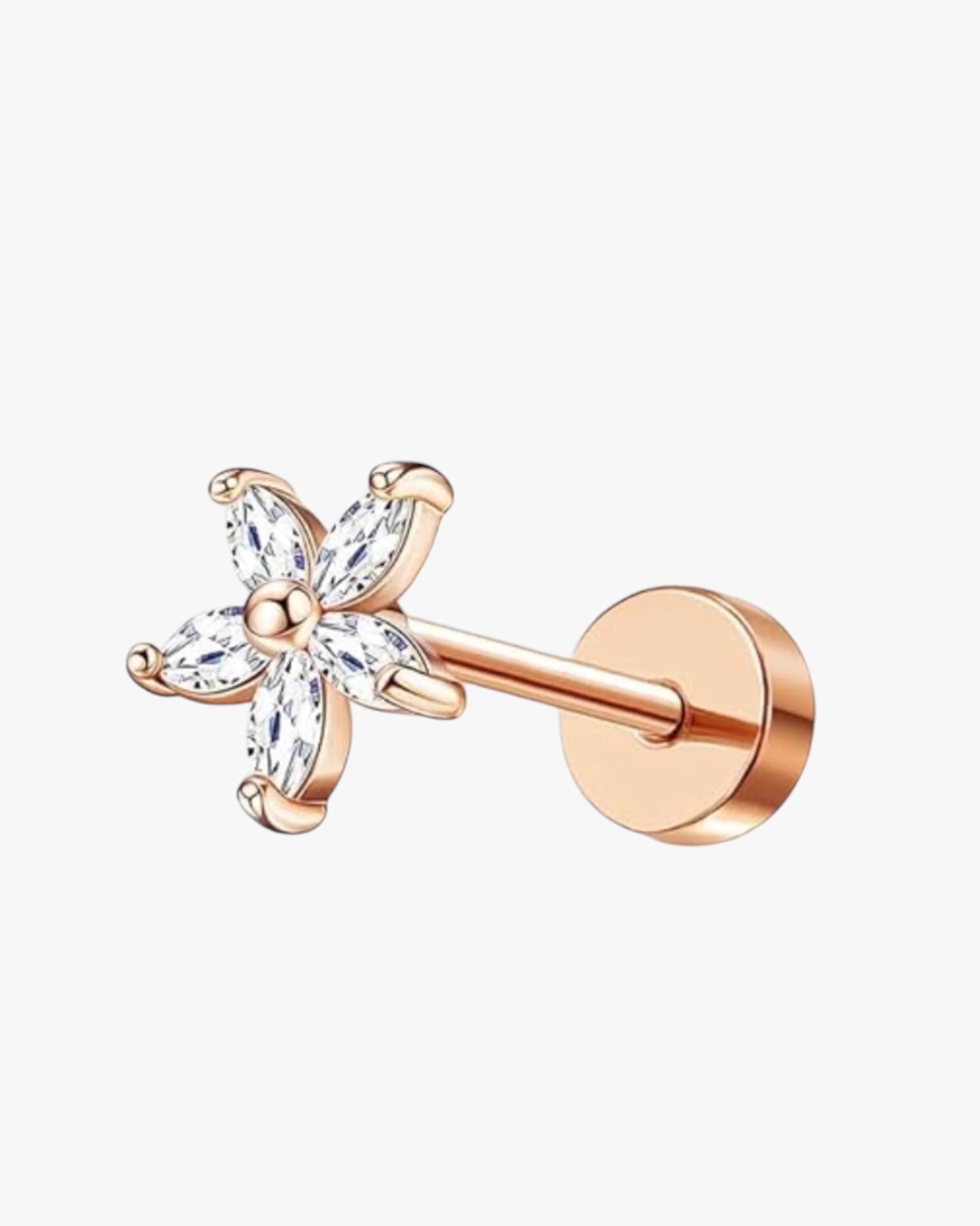A rose gold-colored stud earring with a clear crystal flower design and a metallic rose gold band.