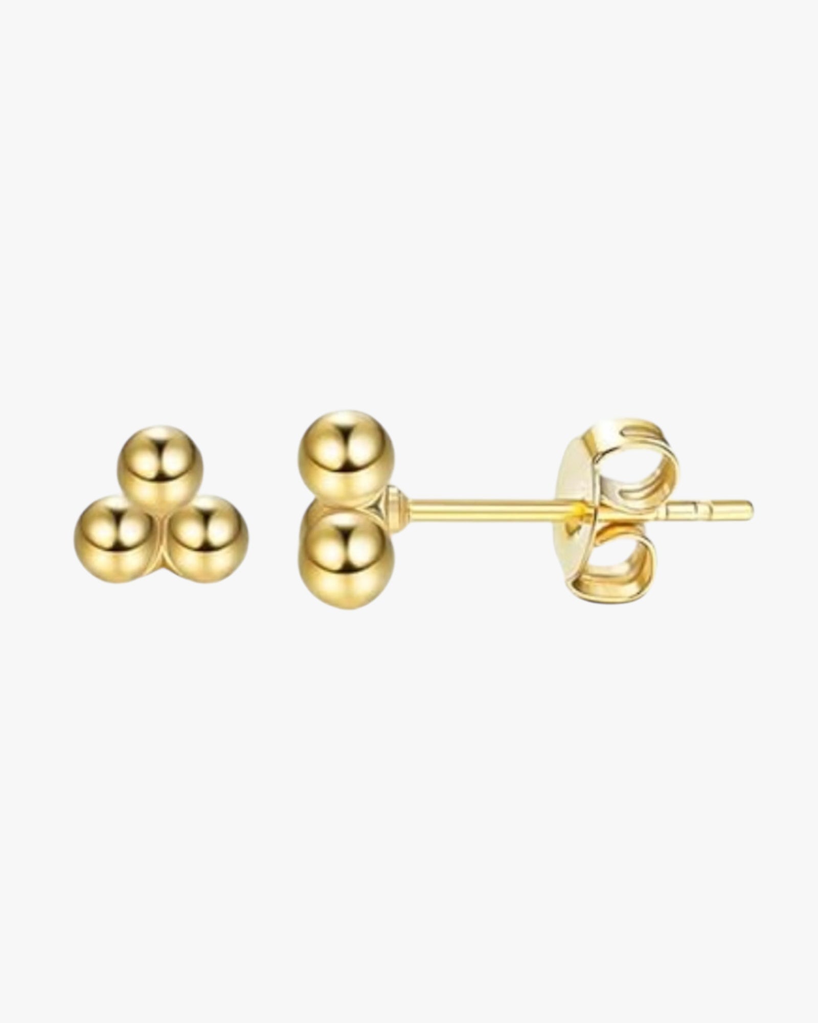 A pair of gold-colored stainless steel earrings with a geometric design, featuring three spherical elements connected by a central point.