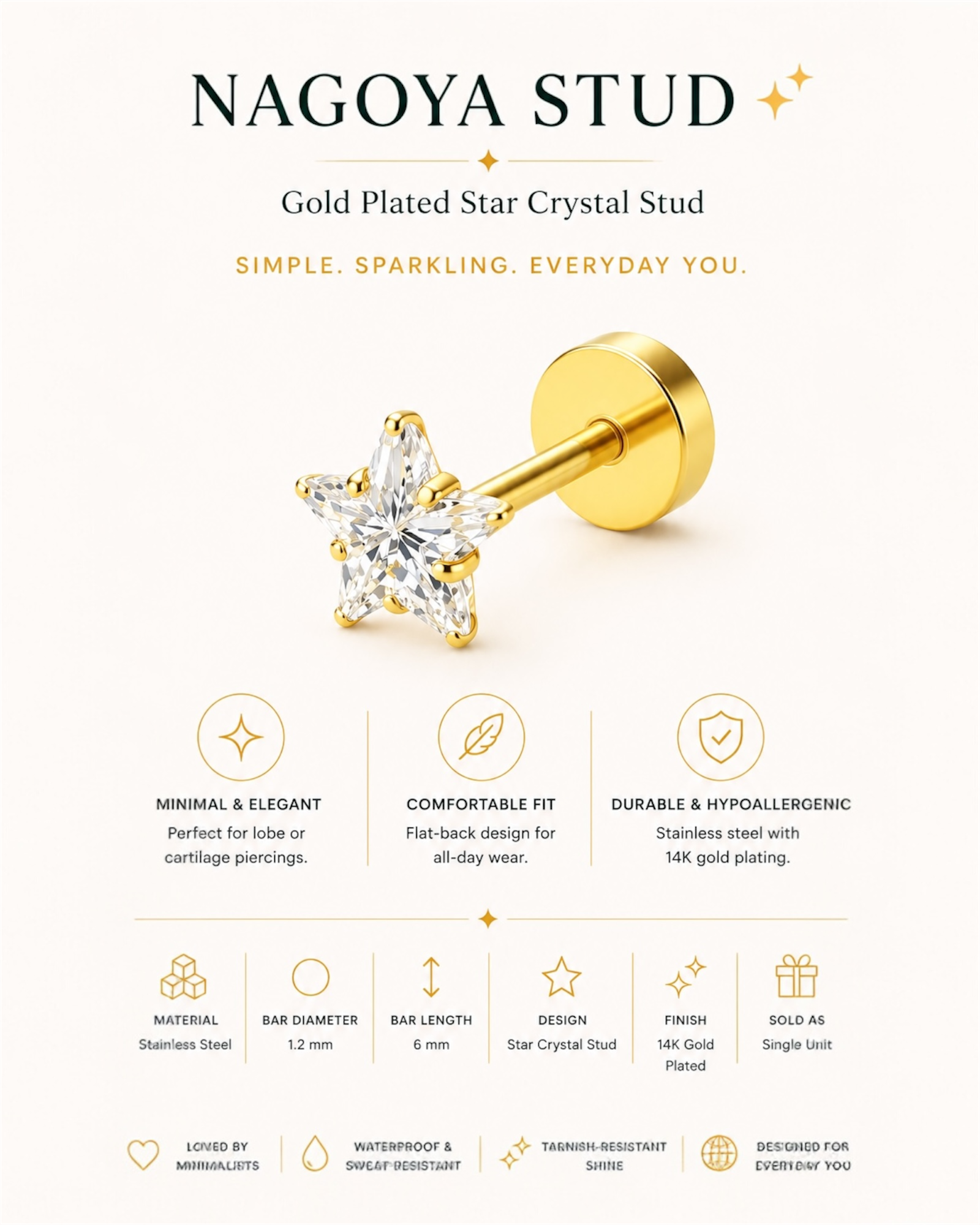 Gold Plated Stainless Steel Star Crystal Stud Earring – Nagoya