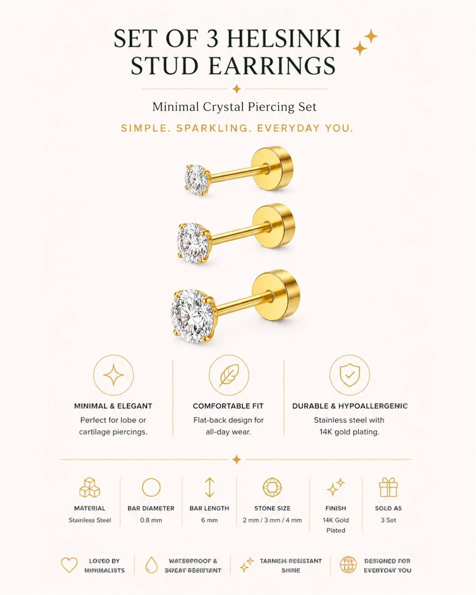 Set of 3 Helsinki Stud Earrings – Minimal Crystal Piercing Set