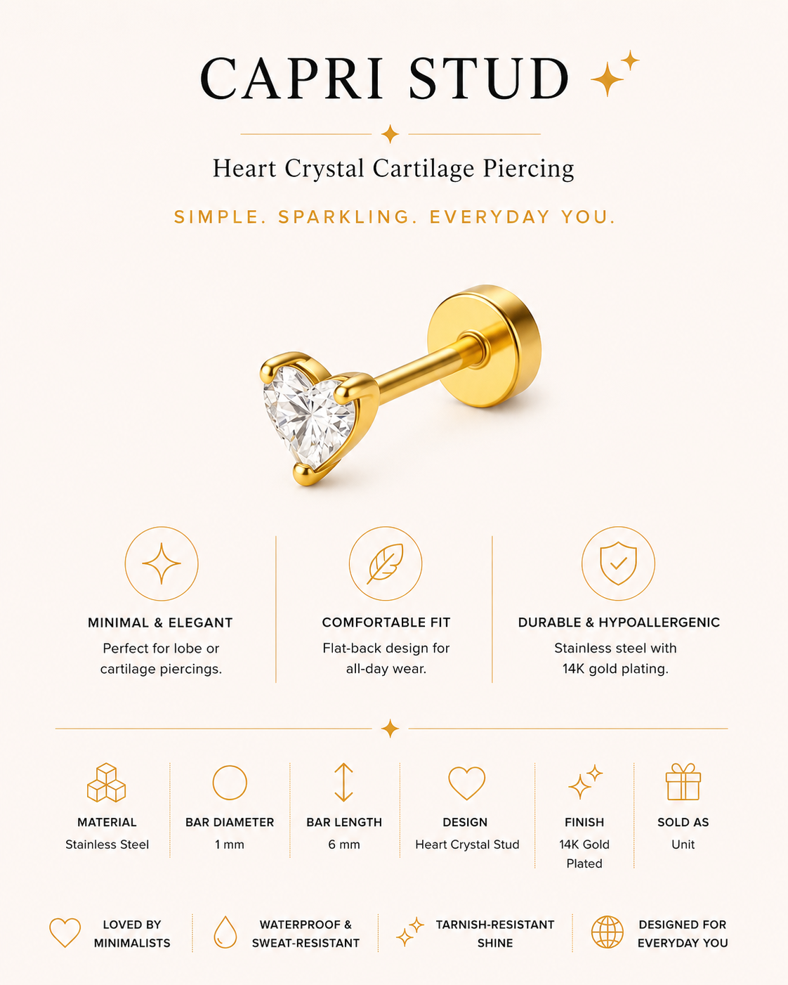 Capri Stud – Heart Crystal Cartilage Piercing