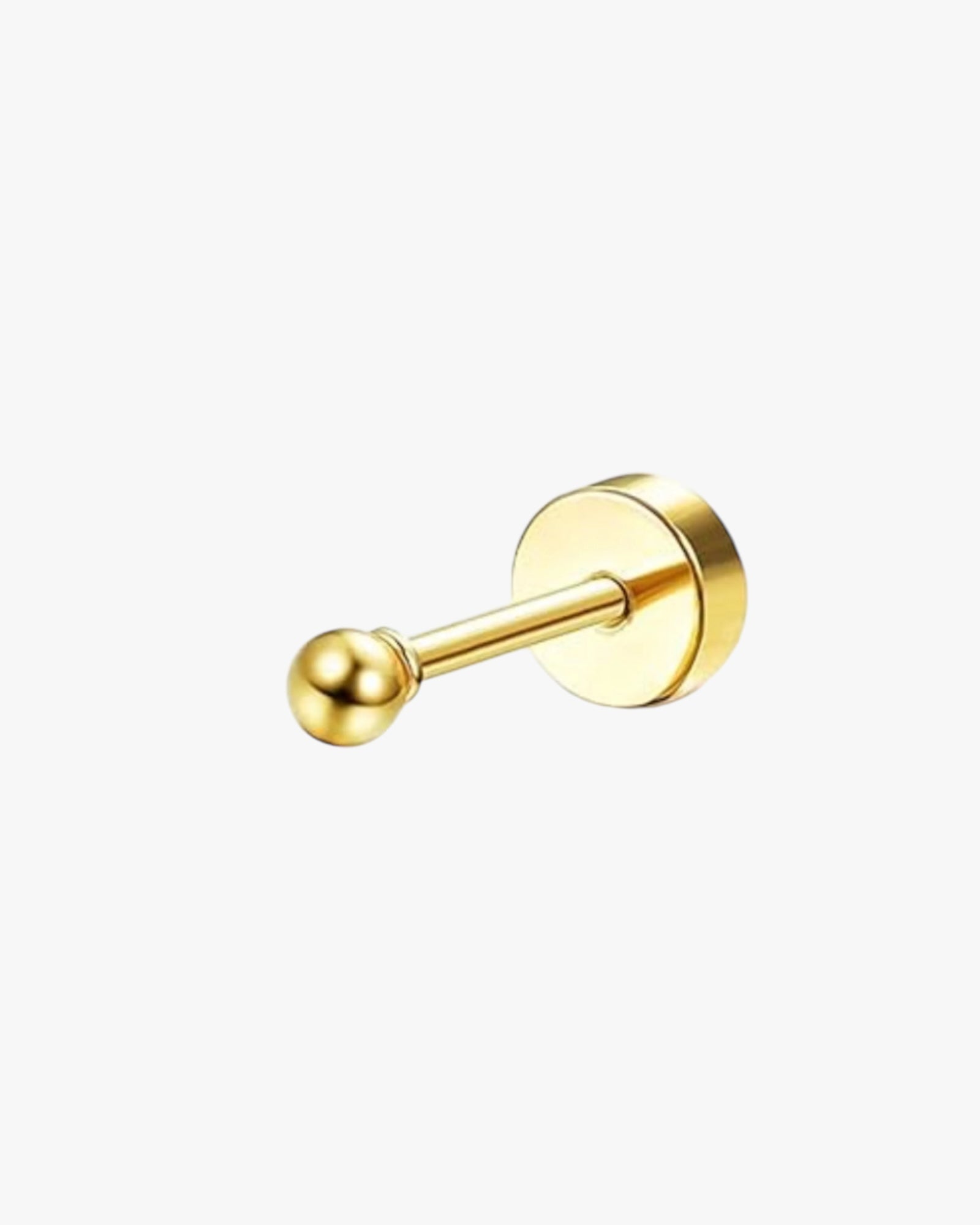 A single gold-colored stainless steel stud earring with a ball-shaped end and a barbital-shaped handle.