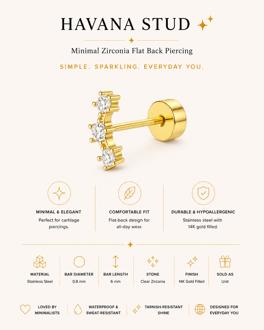 Havana Stud – Minimal Zirconia Flat Back Piercing