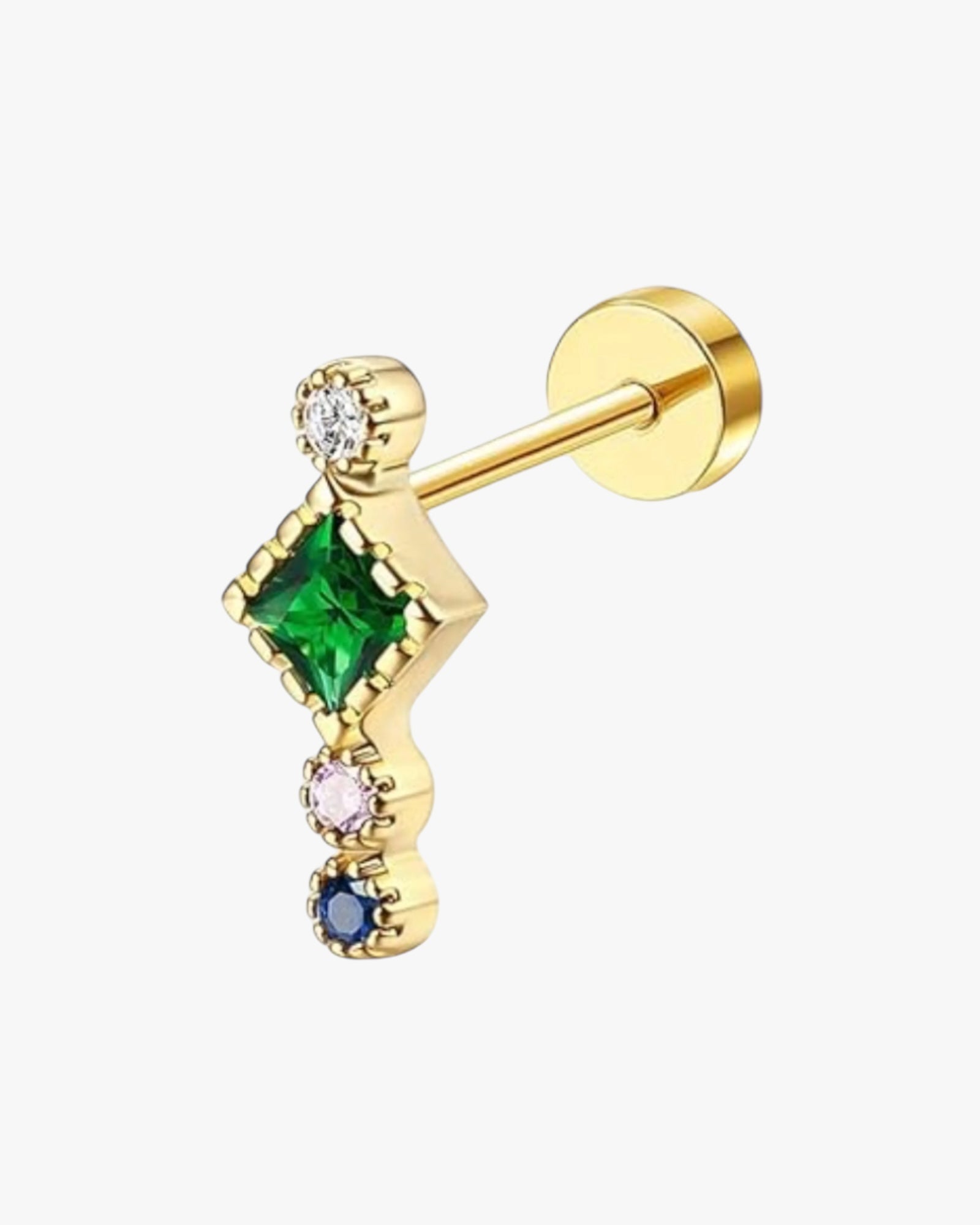A gold-colored stainless steel emerald pave stud earring with a single emerald in a pave setting, surrounded by smaller clear stones.