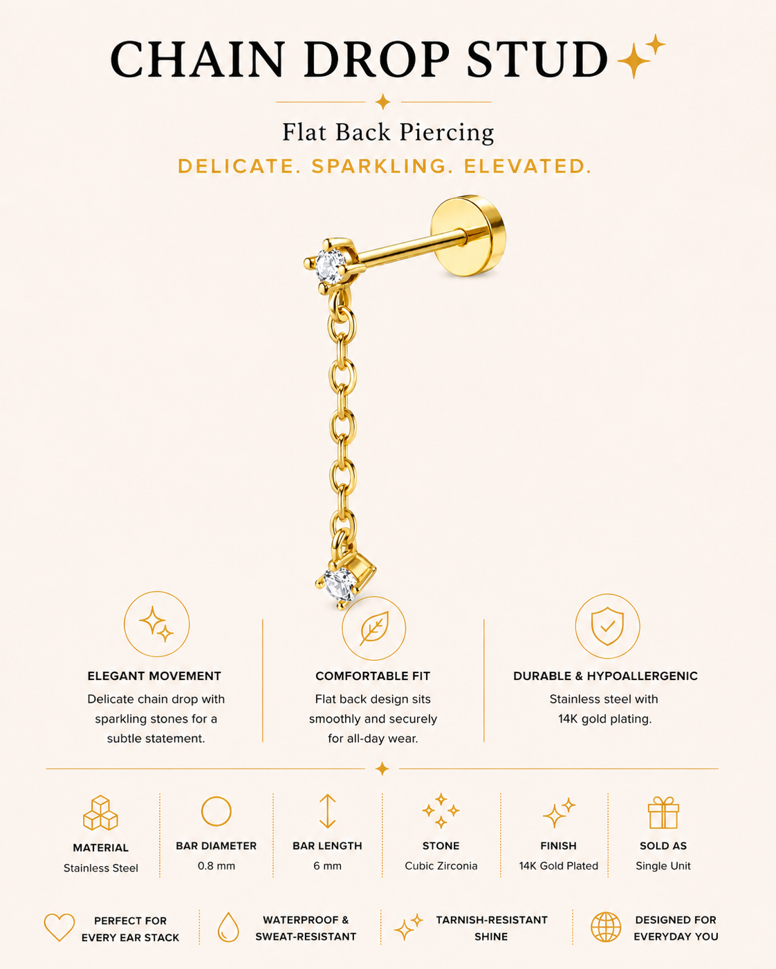 Gold Plated Long Stud Piercing – JaxLynx