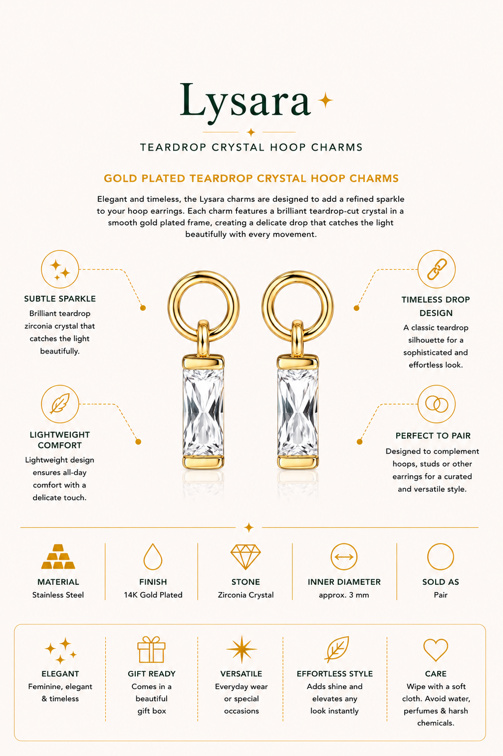 Gold Plated Teardrop Crystal Hoop Charms – Lysara