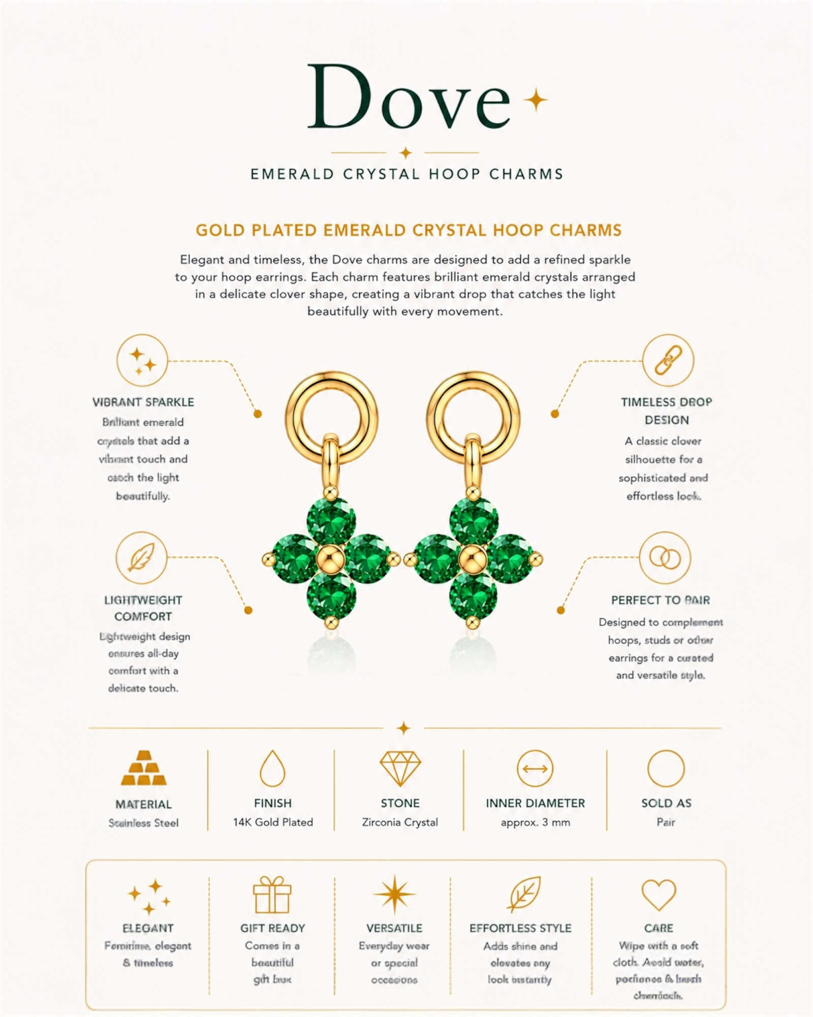 Gold Plated Emerald Crystal Hoop Charms – Dove