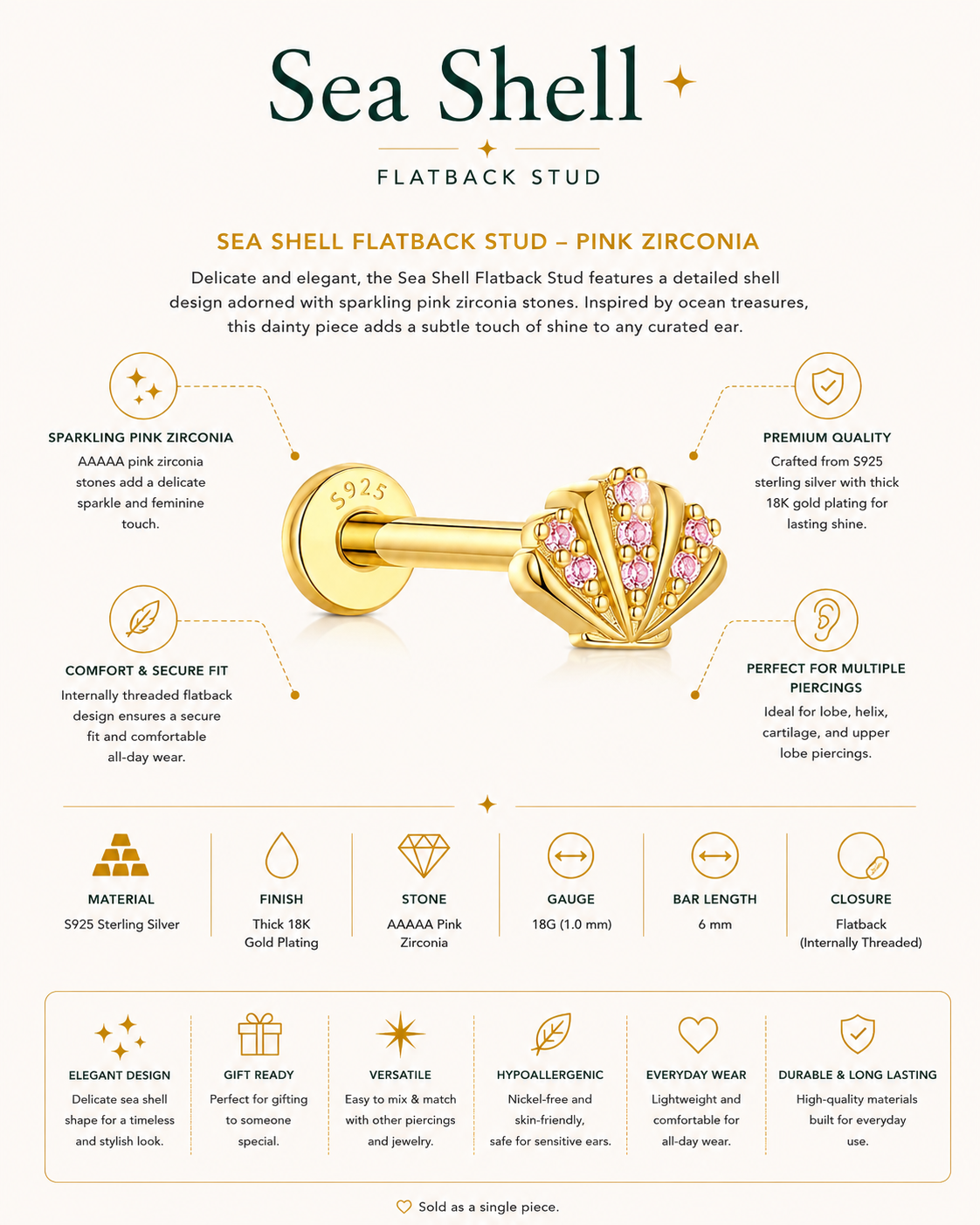 Sea Shell Flatback Stud – Gold Plated