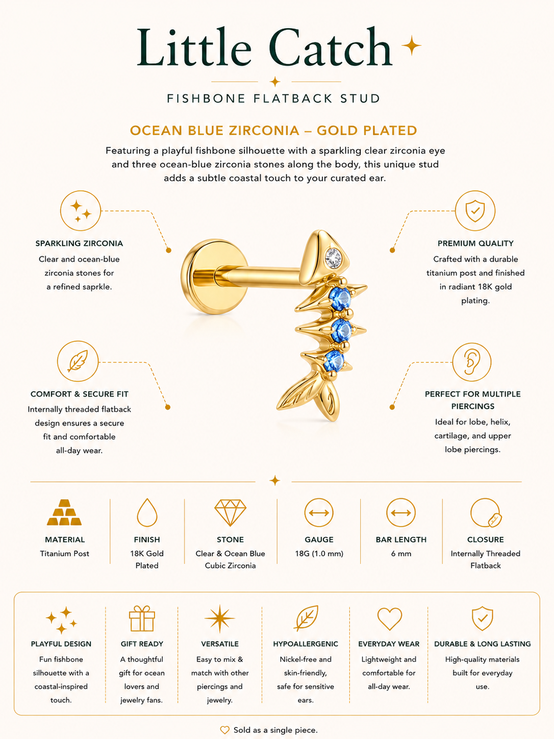 Little Catch Fishbone Stud
 Flatback Stud – Gold Plated