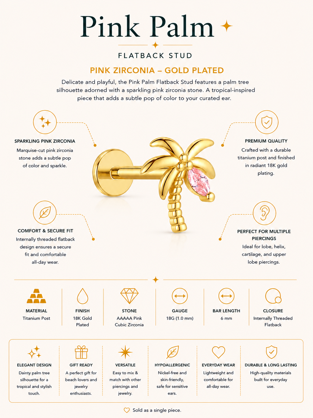 Pink Palm Flatback Stud – Gold Plated Titanium
