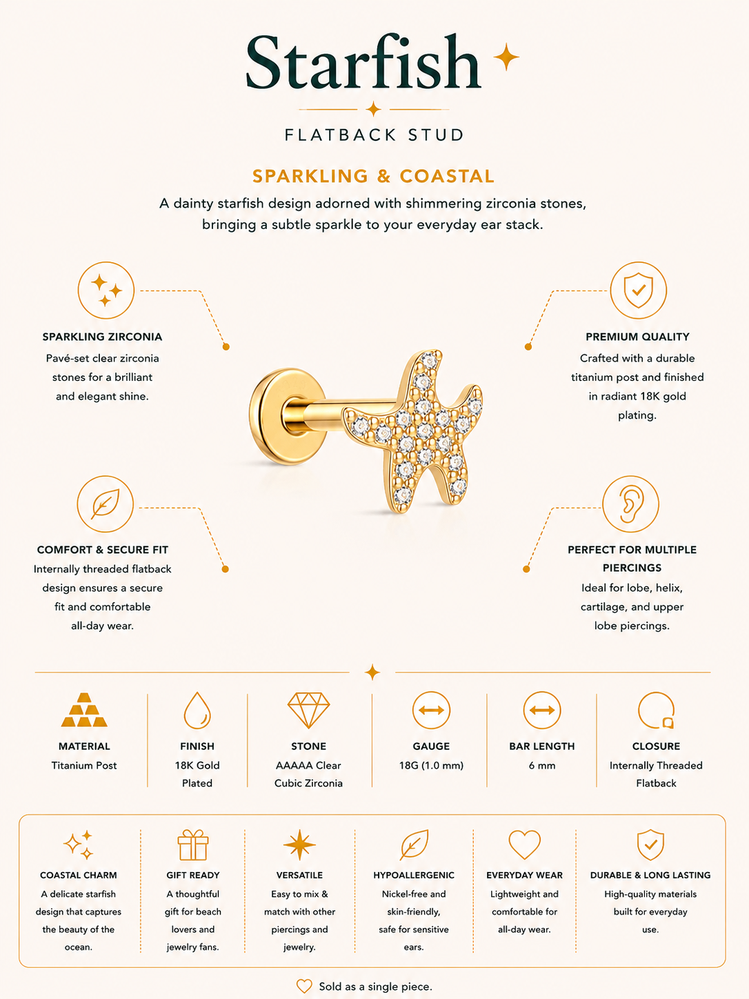 Starfish Flatback Stud – Gold Plated Titanium