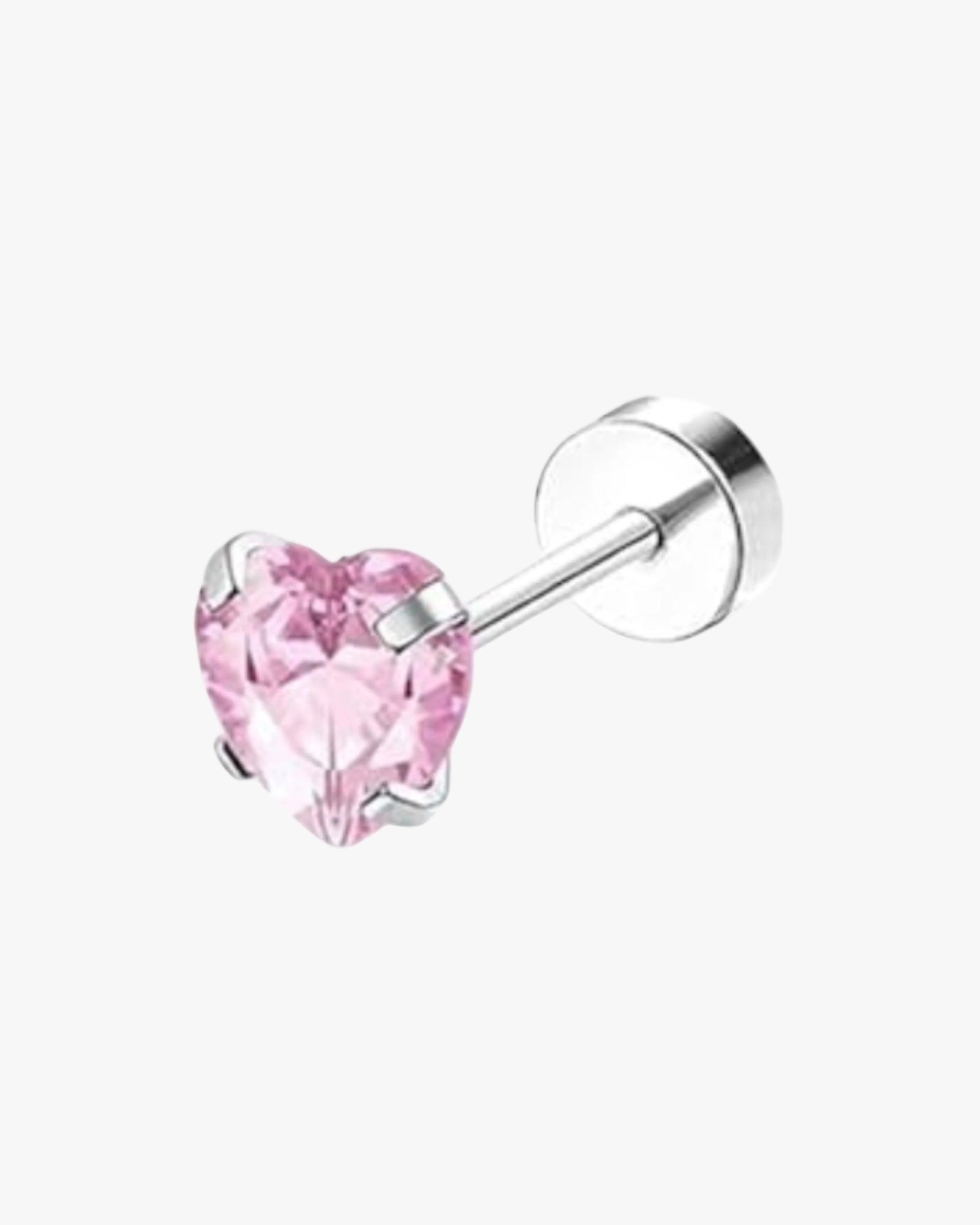 A stud earring with a silver-colored metal band and a pink faceted gemstone attached to it.