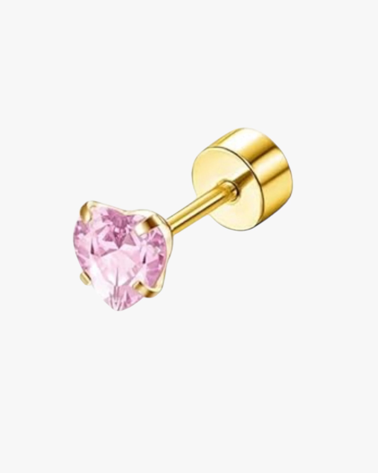 A stud earring with a gold-colored metal band and a pink faceted gemstone attached to it.