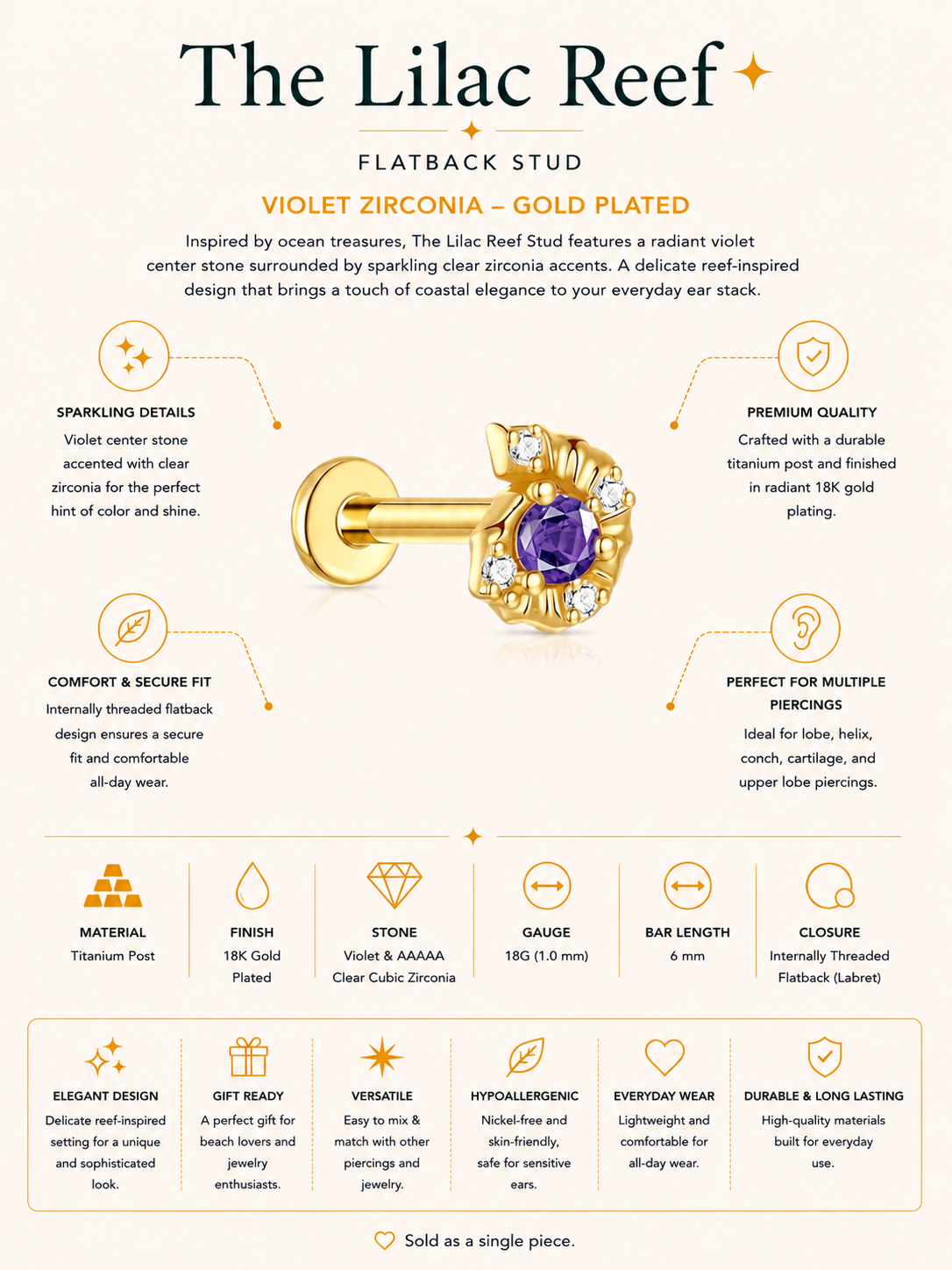 The Lilac Reef Stud
Flatback – Gold Plated Titanium