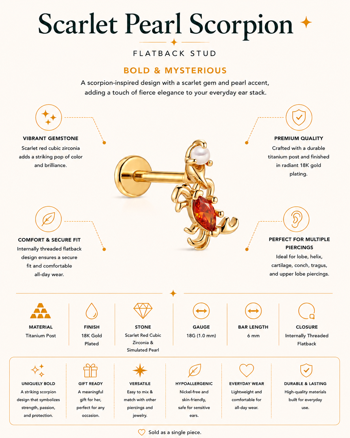 Scarlet Pearl Scorpion Stud
 – Gold Plated Titanium