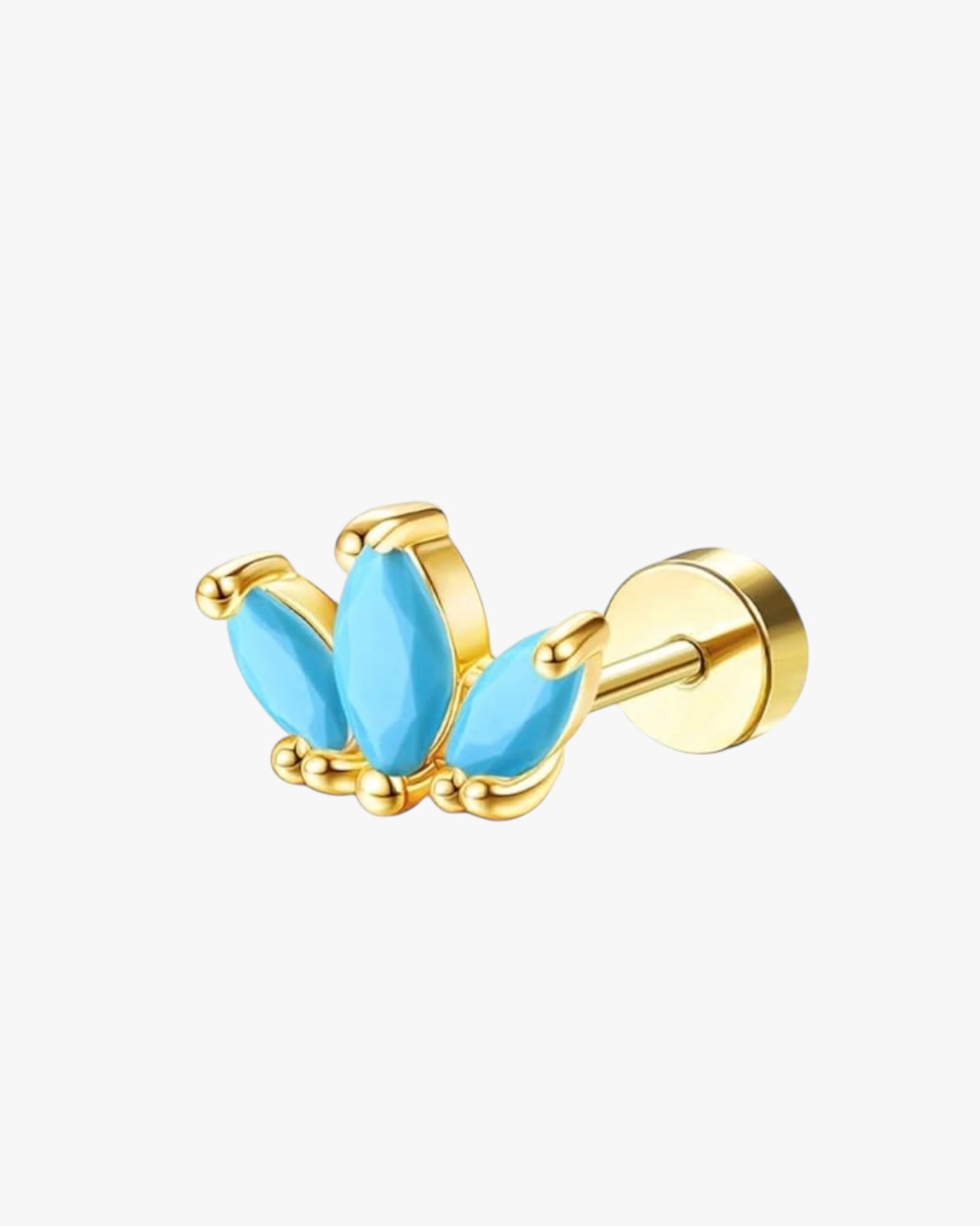 A pair of gold-colored stainless steel stud earrings with blue gemstone accents.