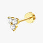 A gold-colored stud earring with a crystal embellishment on a white background.