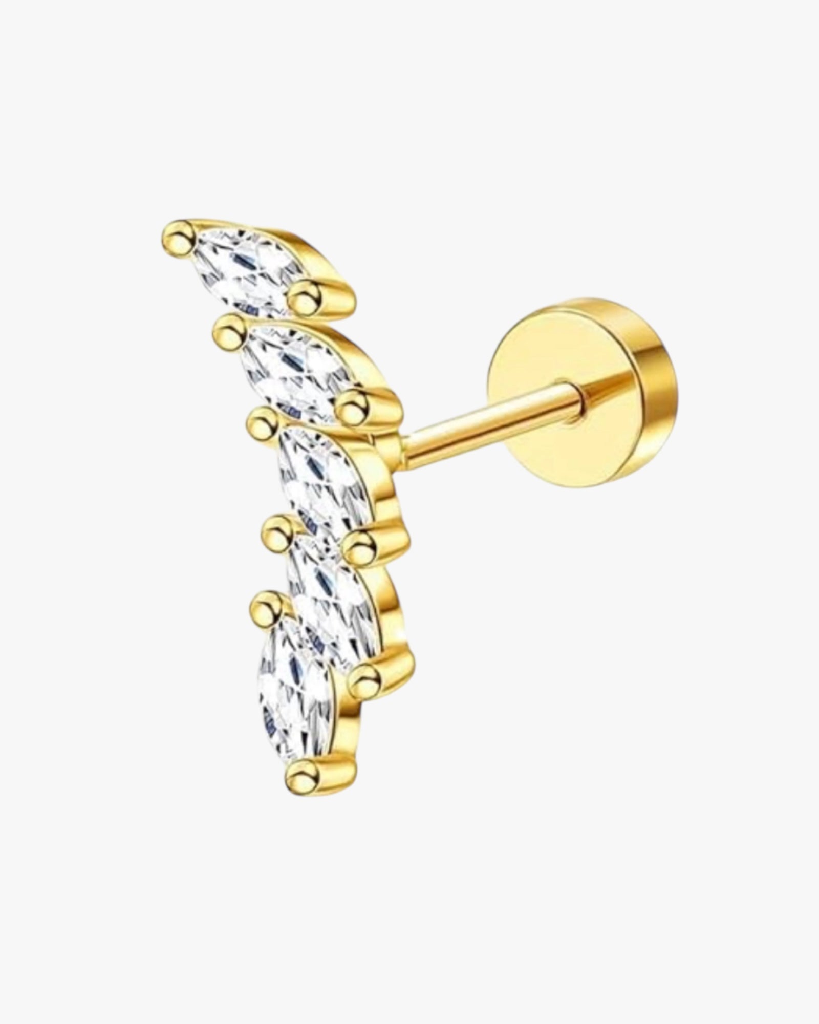 A gold-colored stainless steel stud earring with a geometric design featuring multiple diamonds.